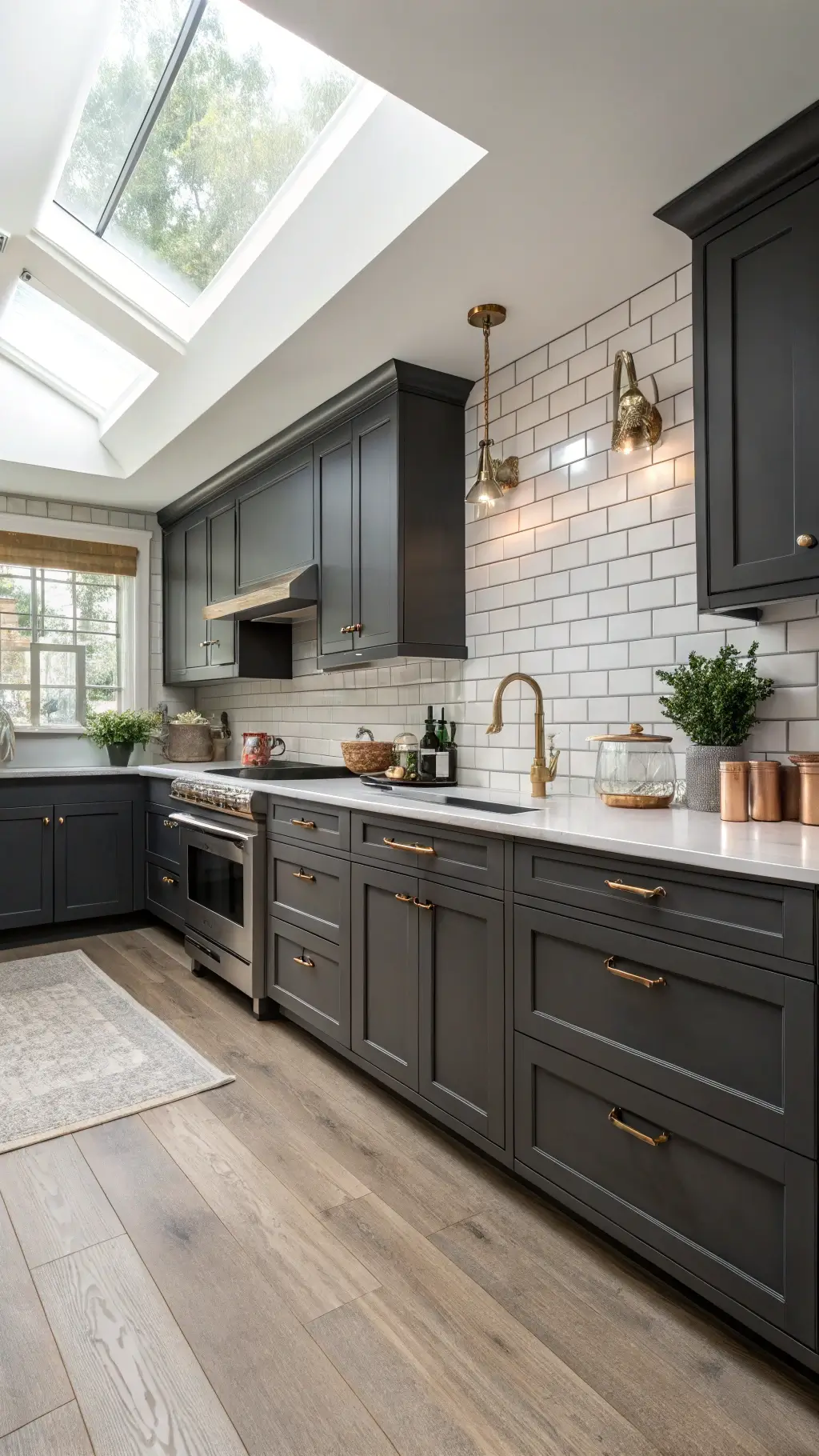 Transitional kitchen with charcoal Shaker cabinets and copper accessories