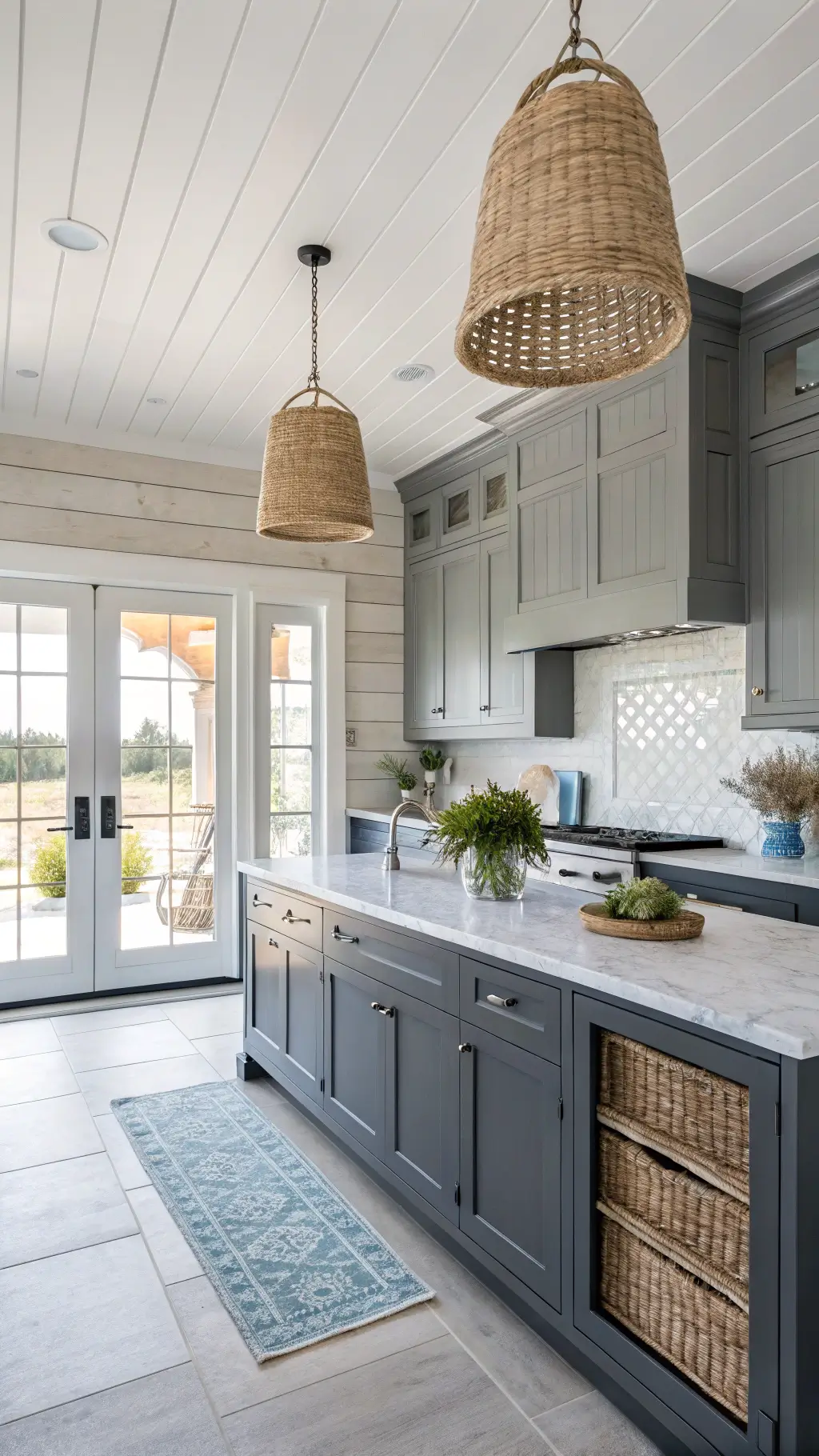 Bright coastal kitchen with charcoal cabinets and marble counters