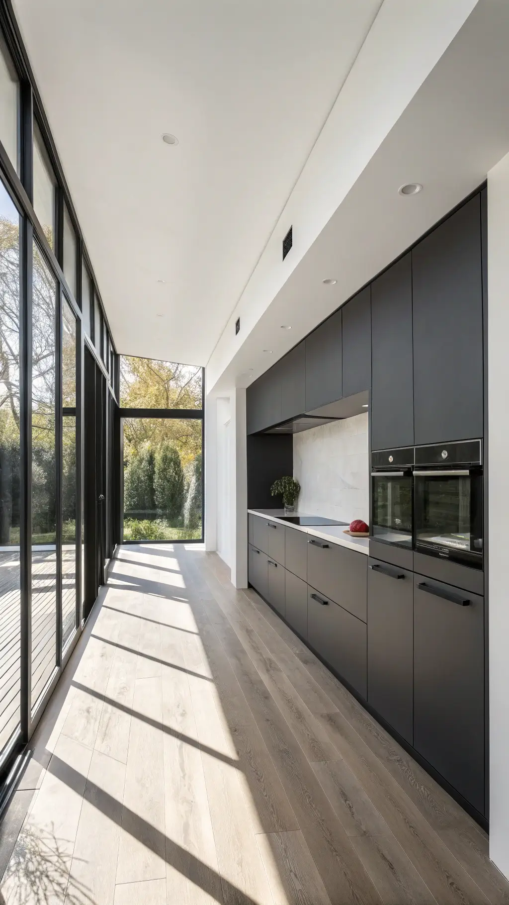Minimalist kitchen with charcoal cabinets and light oak flooring