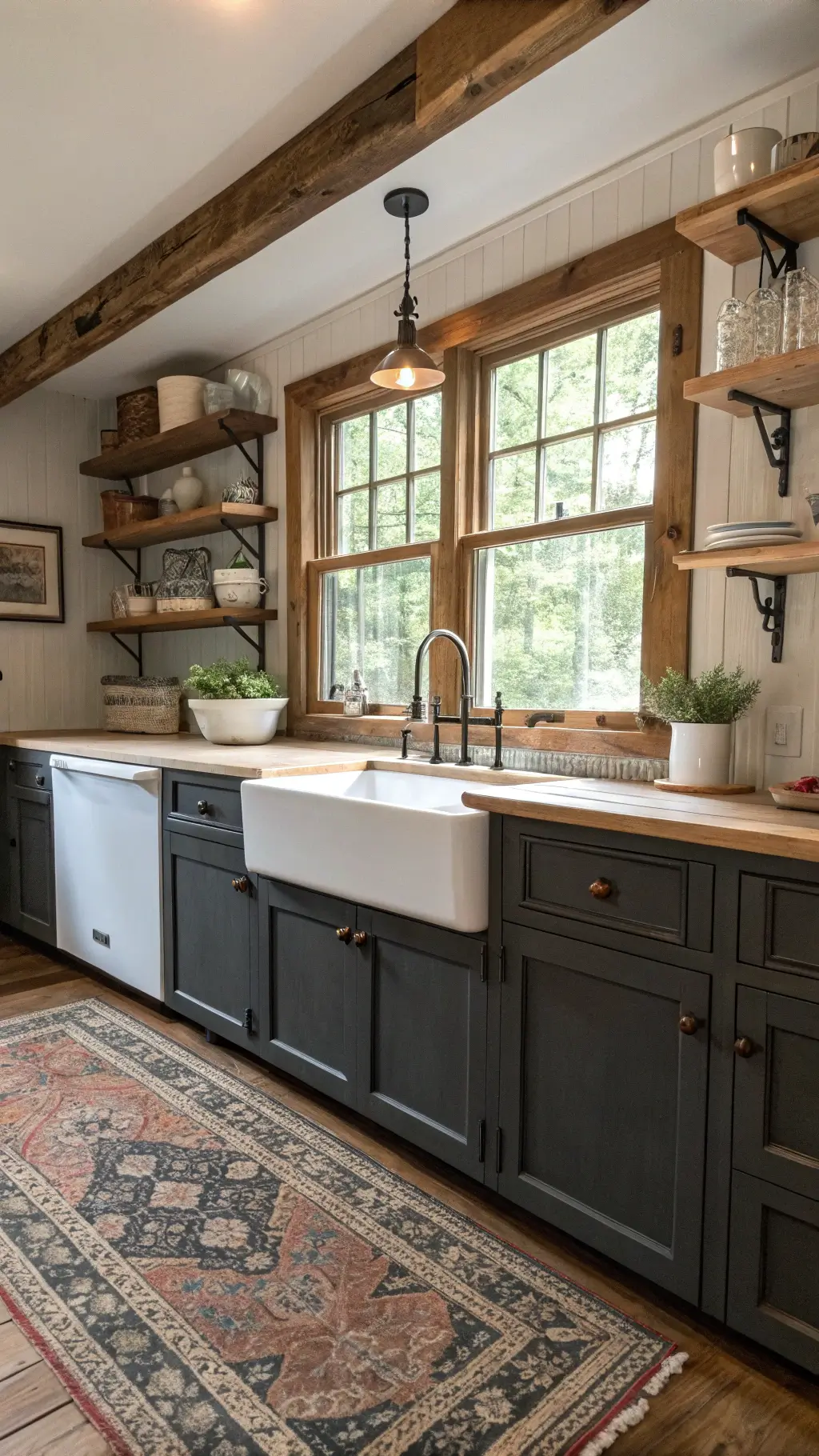 Farmhouse kitchen with charcoal cabinets and rustic wood shelving