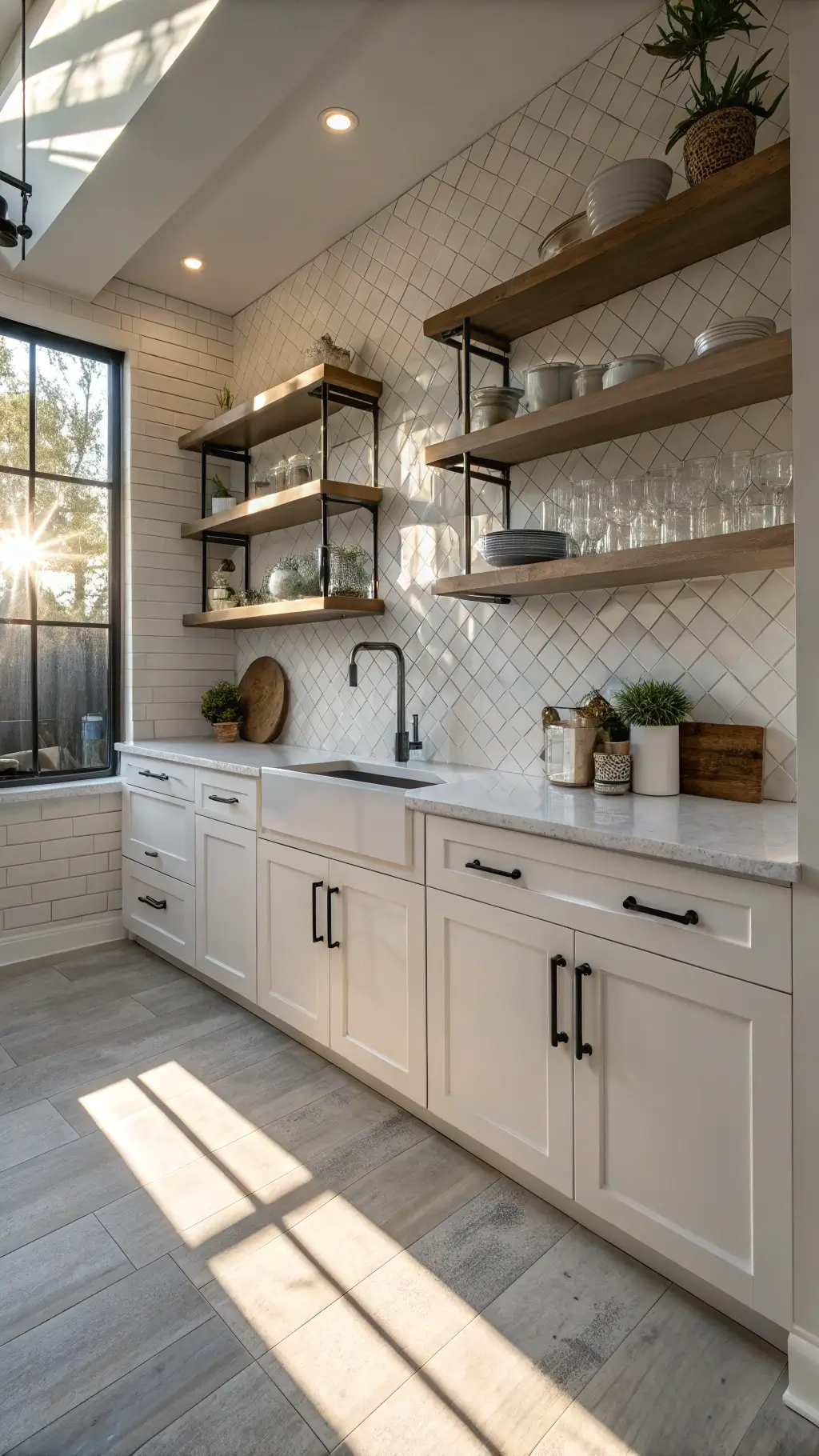 Early morning light casting shadows on alabaster cabinets with nickel hardware and textured subway tile backsplash in a compact urban kitchen, highlighting floating shelves and curated ceramics.