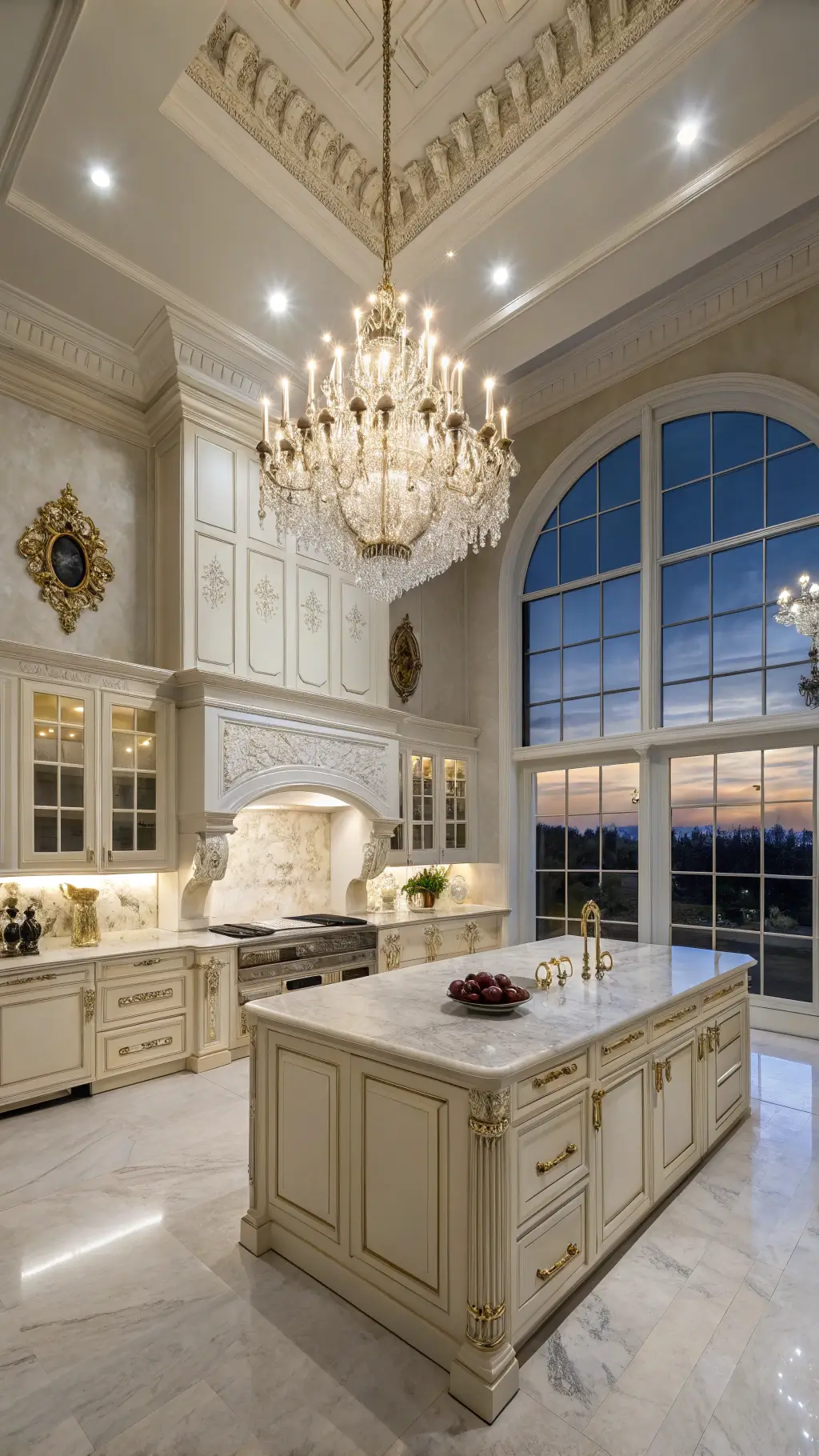 Luxurious chef's kitchen with alabaster cabinets, crystal chandelier, brushed gold hardware, and marble backsplash under dramatic evening lighting.