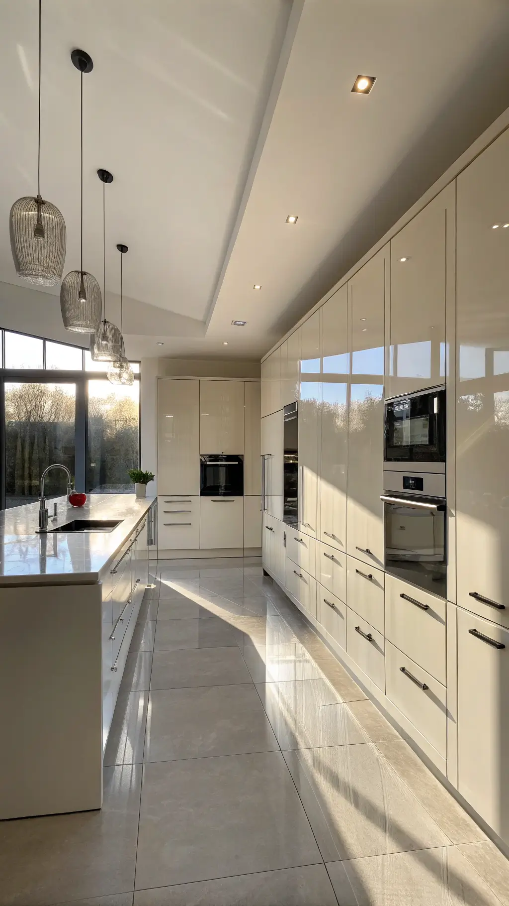 Sleek, contemporary kitchen with alabaster cabinets, glossy surfaces, minimalist decor, professional lighting, and linear pendant lights.