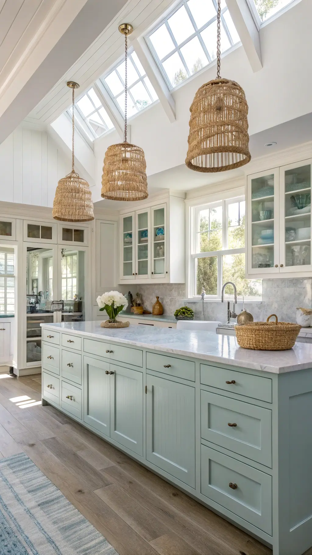 Bright and airy coastal-inspired kitchen featuring alabaster shaker cabinets, glass-front upper units, natural rattan pendants, and pale blue accents under soft fill lighting.