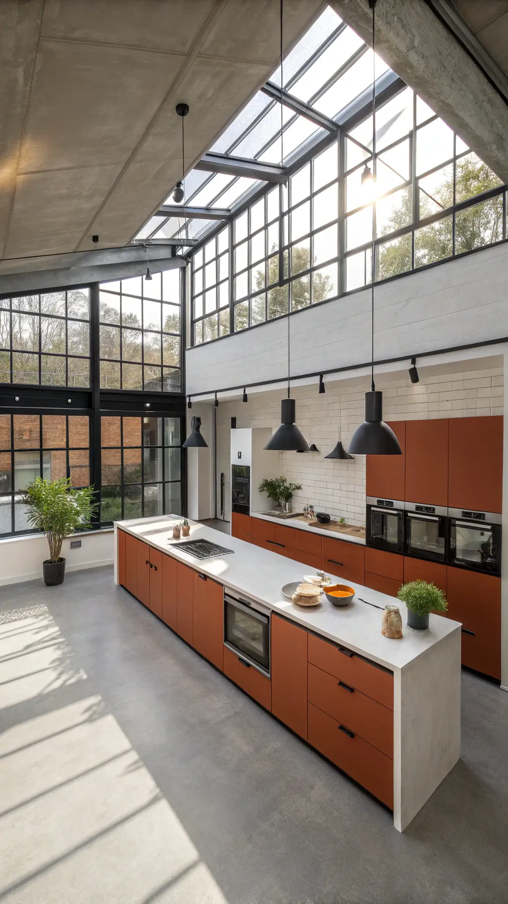 modern kitchen with burnt orange lower cabinets, matte white upper cabinets, concrete island, industrial pendant lighting, and black steel-framed windows