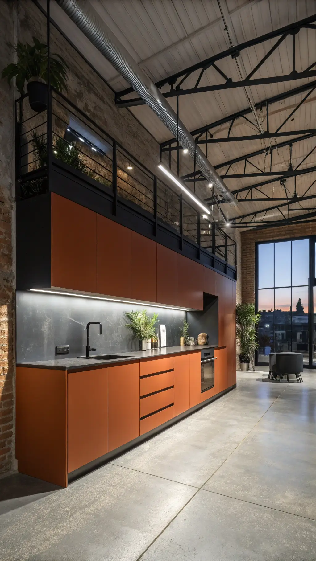 loft kitchen with rust-orange cabinets, black marble countertops, concrete floors, track lighting, and minimal decor