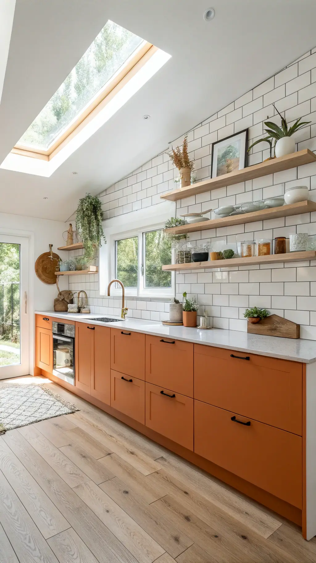 bright Scandinavian kitchen with matte orange cabinets, white open shelving, light oak floors, brick walls, and skylights