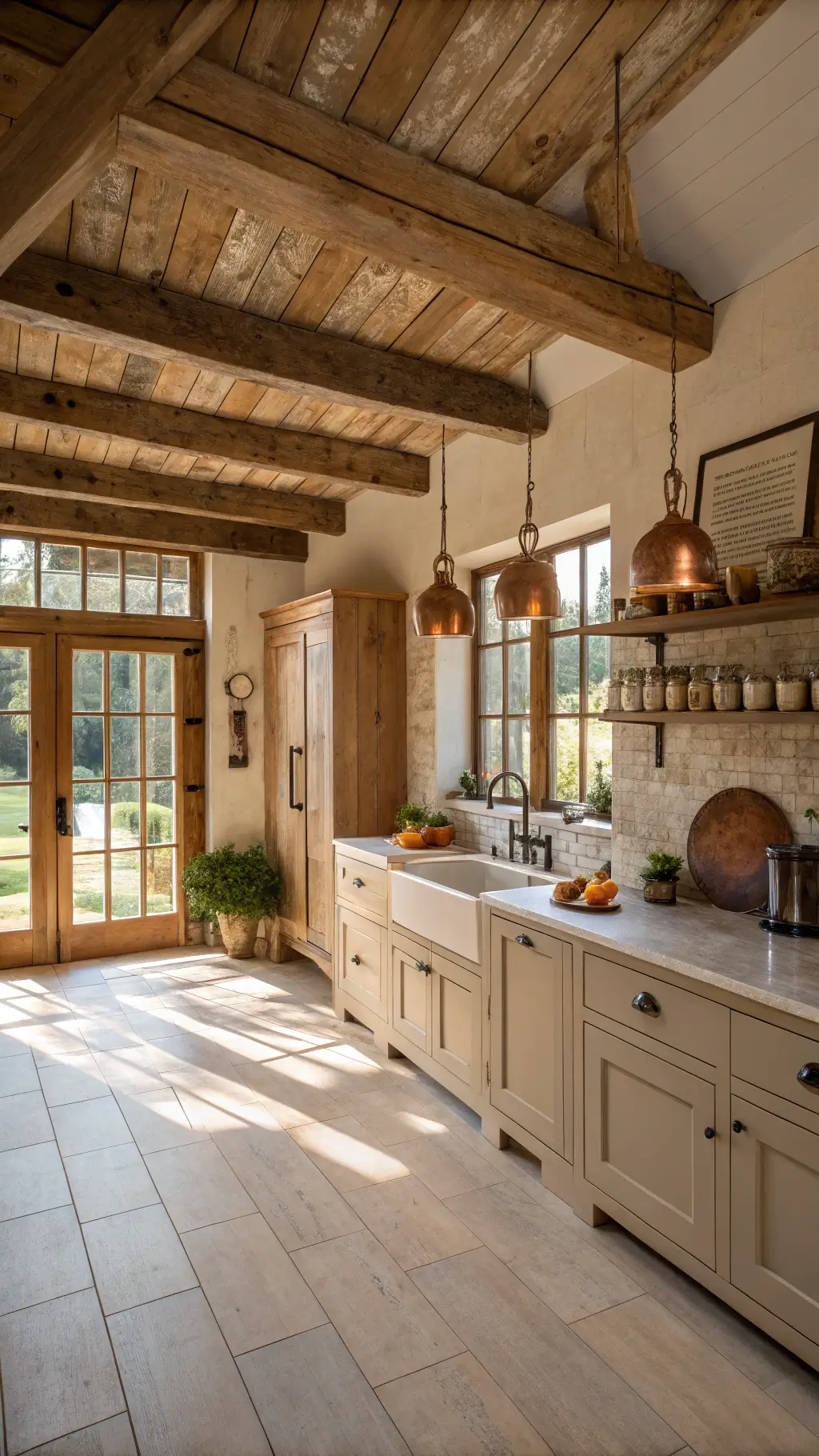 Warm rustic farmhouse kitchen with double-height ceiling, wooden beams, light maple cabinets, vintage copper pots, distressed white oak flooring, and sage subway tile backsplash, illuminated by golden light through French doors.