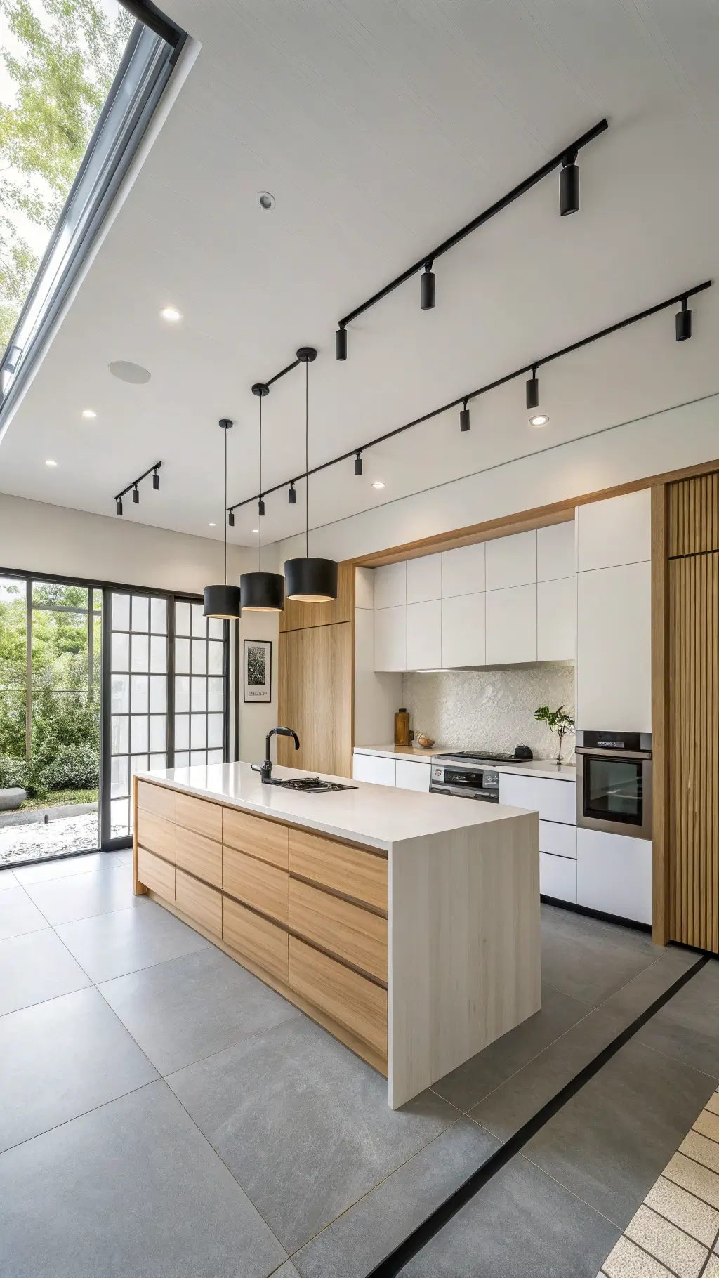 Minimalist Japanese-inspired kitchen with white walls, light maple cabinets, bamboo center island, and matte black fixtures illuminated by soft afternoon light.