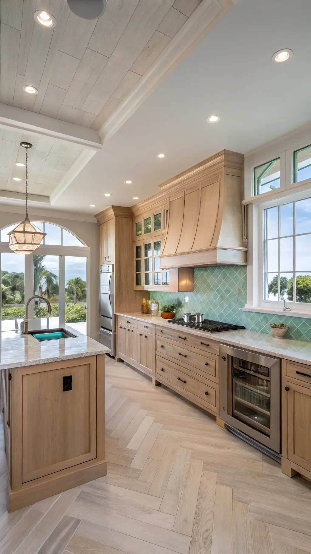 Light maple kitchen featuring green glass backsplash, Carrara marble countertops, and chrome hardware illuminated by bright morning light reflecting from the sea.