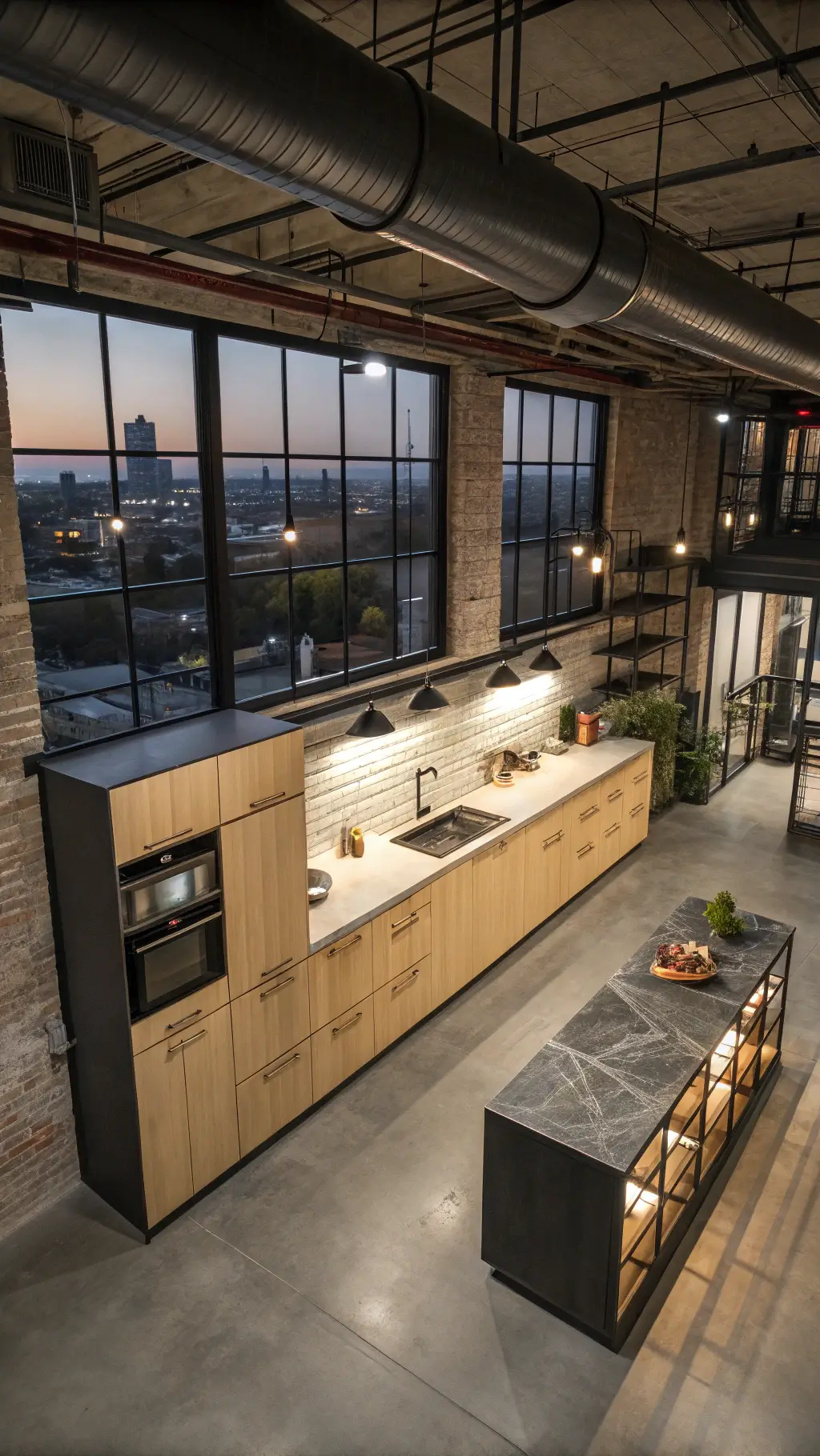 Overhead view of an industrial-modern kitchen at dusk featuring light maple cabinetry, concrete countertops, black steel open shelving, large factory-style windows, and exposed ceiling ductwork.