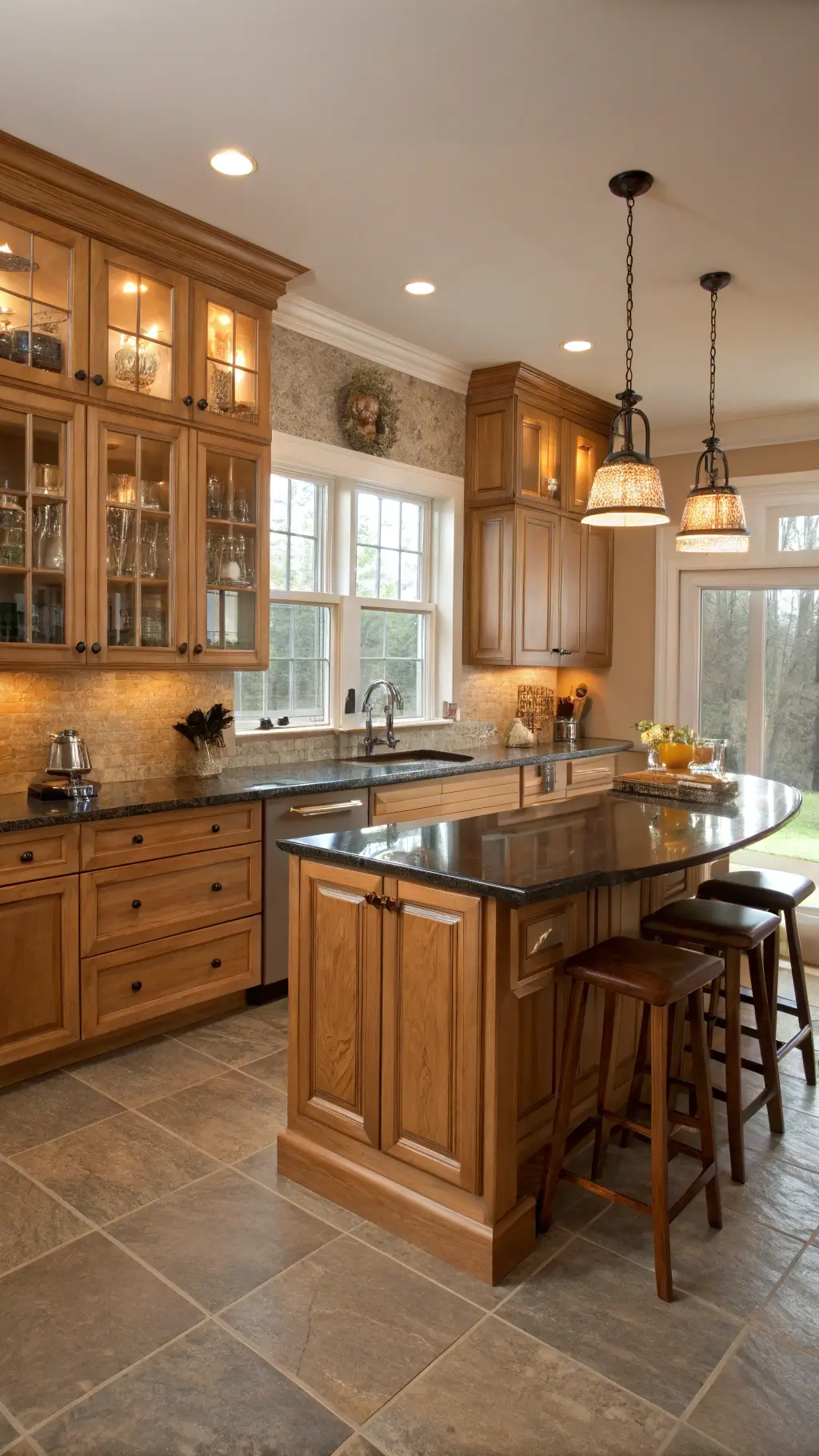 Traditional kitchen featuring natural maple cabinets, glass-front upper doors, dark granite countertops, and copper fixtures illuminated by golden hour light.