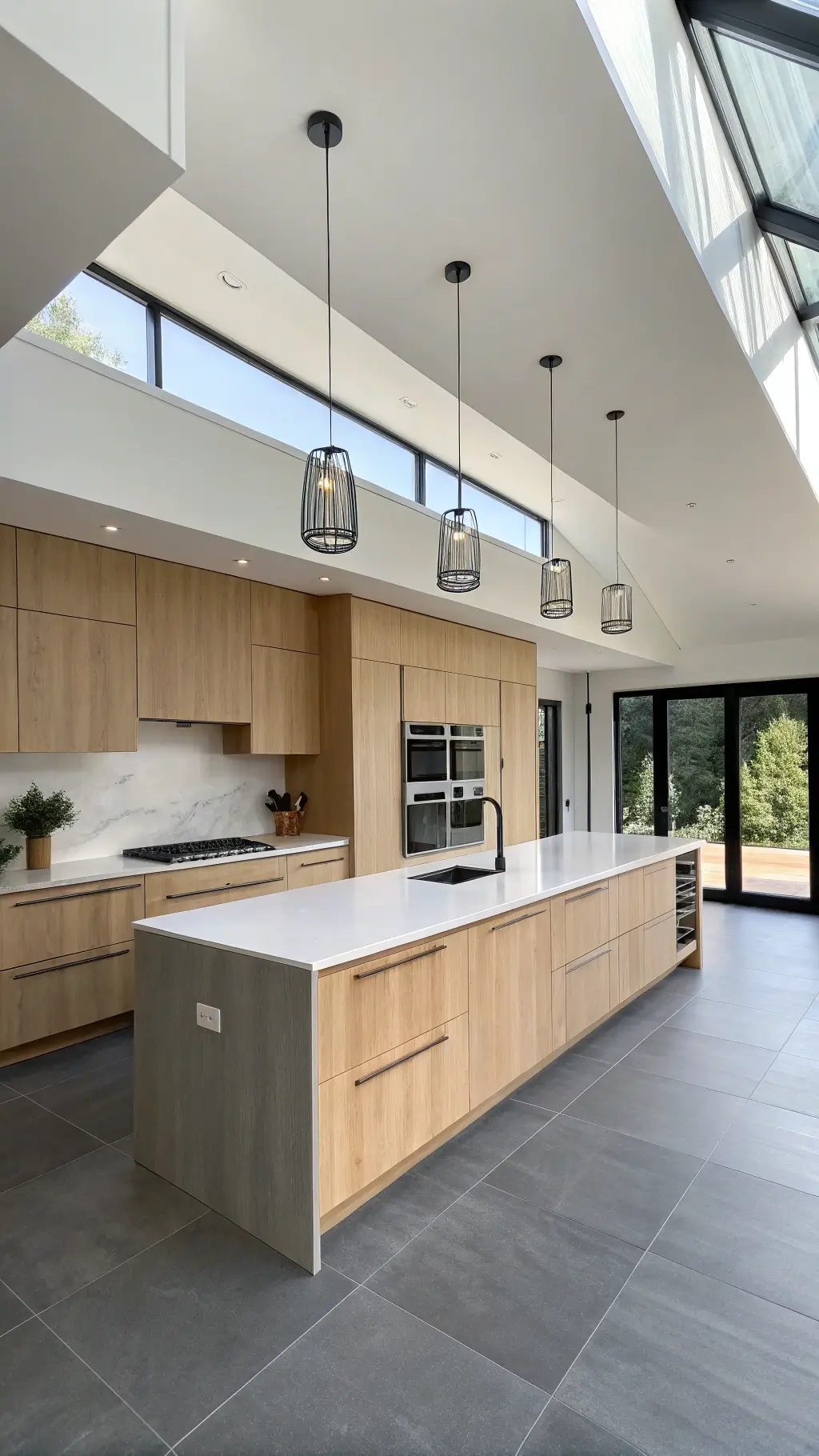 Modern minimalist kitchen with sleek maple cabinets, waterfall island, integrated appliances, geometric pendant lights, and large gray floor tiles illuminated by skylight.