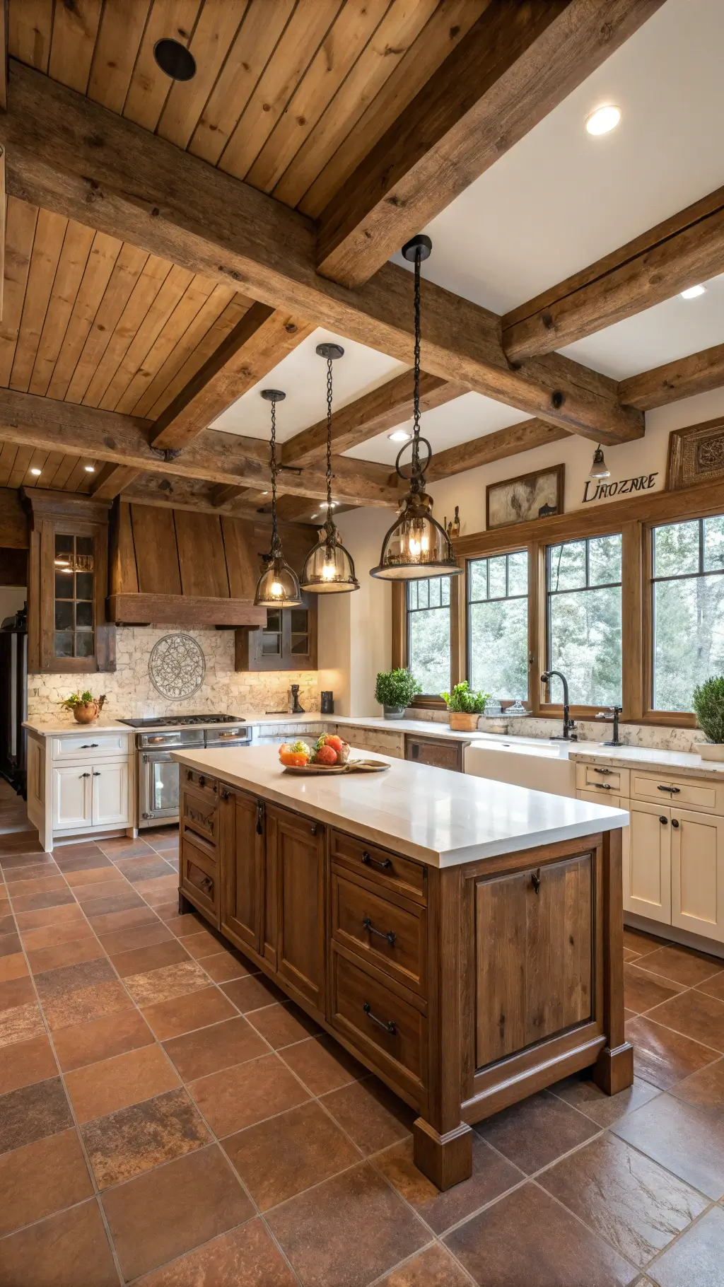 Rustic-modern kitchen with wooden beams, maple cabinets, farmhouse sink, butcher block island, vintage lighting, and terracotta floor tiles creating a cozy atmosphere.