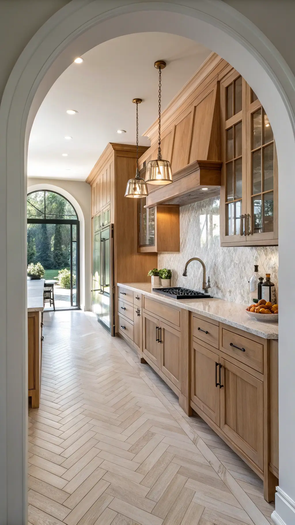 Elegant transitional kitchen with natural maple cabinets, marble-look quartz counters, chrome fixtures, and herringbone white oak flooring viewed through an archway.