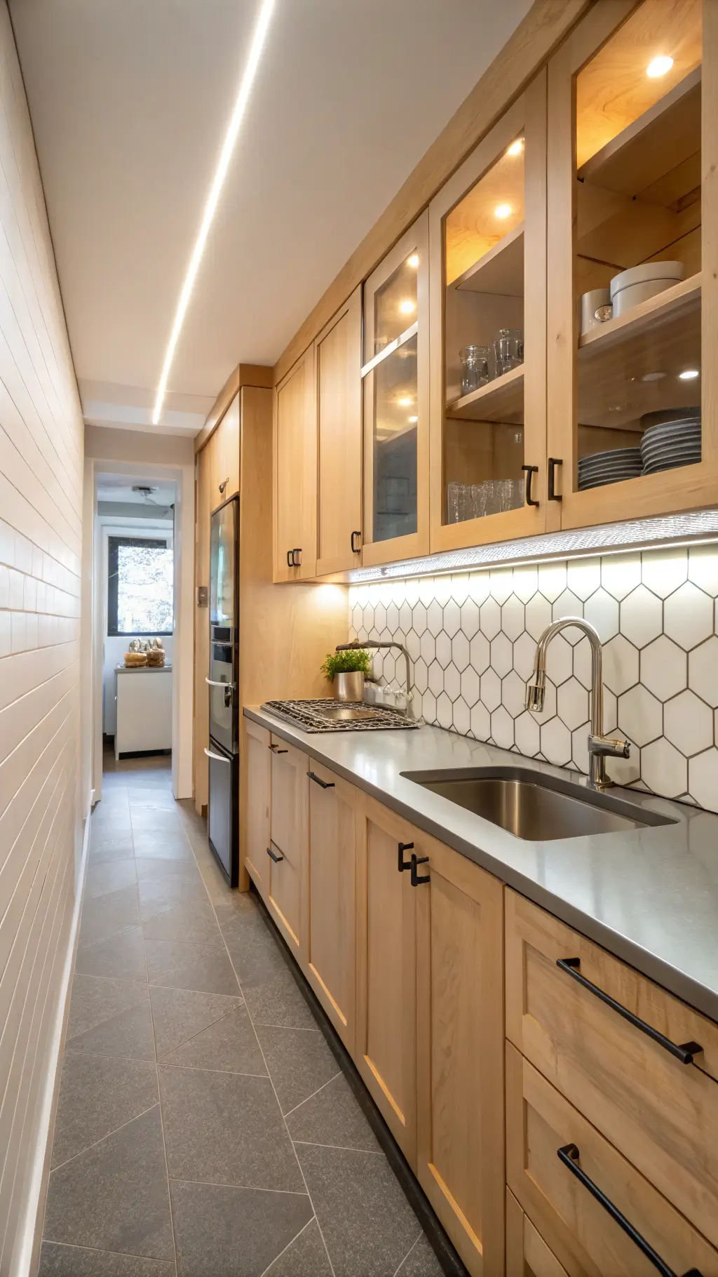 Bright, compact galley kitchen with natural maple cabinets, pull-out pantry units, stainless steel countertops, integrated sink, white hexagonal tile backsplash, and under-cabinet LED lighting.