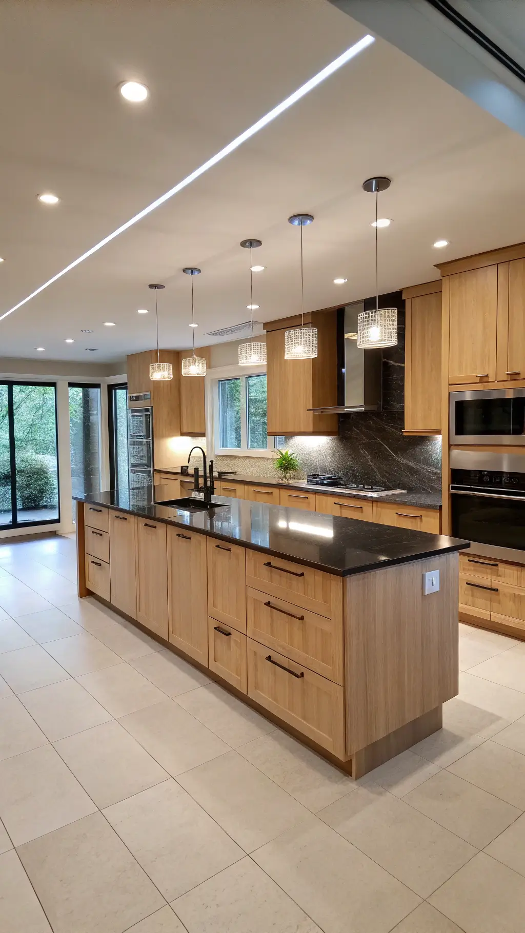 Modern open-concept kitchen with maple cabinets, dark quartz island, track lighting, and white porcelain floors in a sophisticated setting.