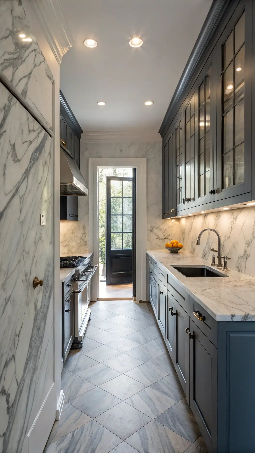 cozy galley kitchen with charcoal blue cabinets, Carrara marble backsplash, and polished nickel fixtures