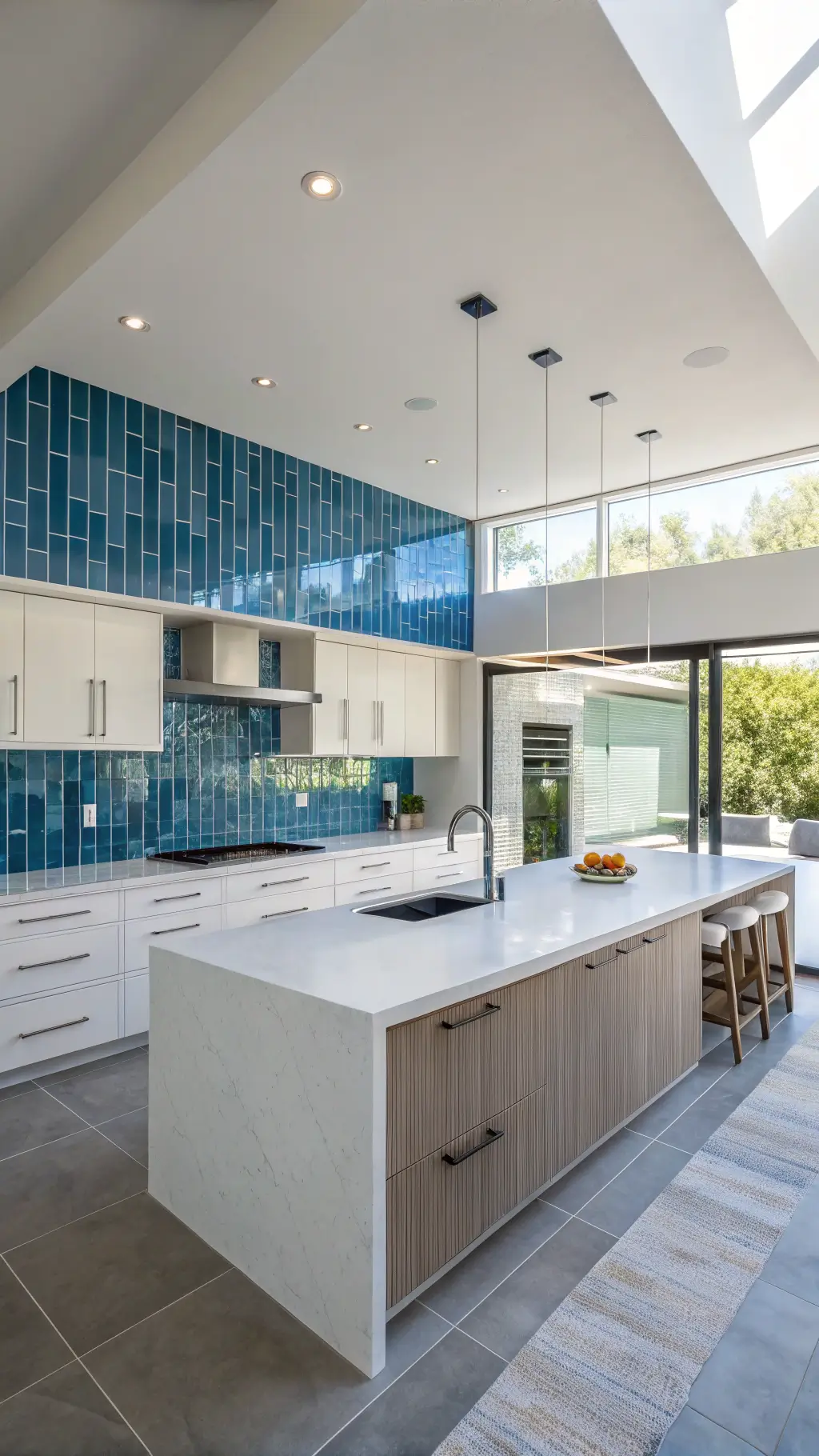 modern open-plan kitchen with vertical blue glass tiles, white quartz island, and matte greige cabinets
