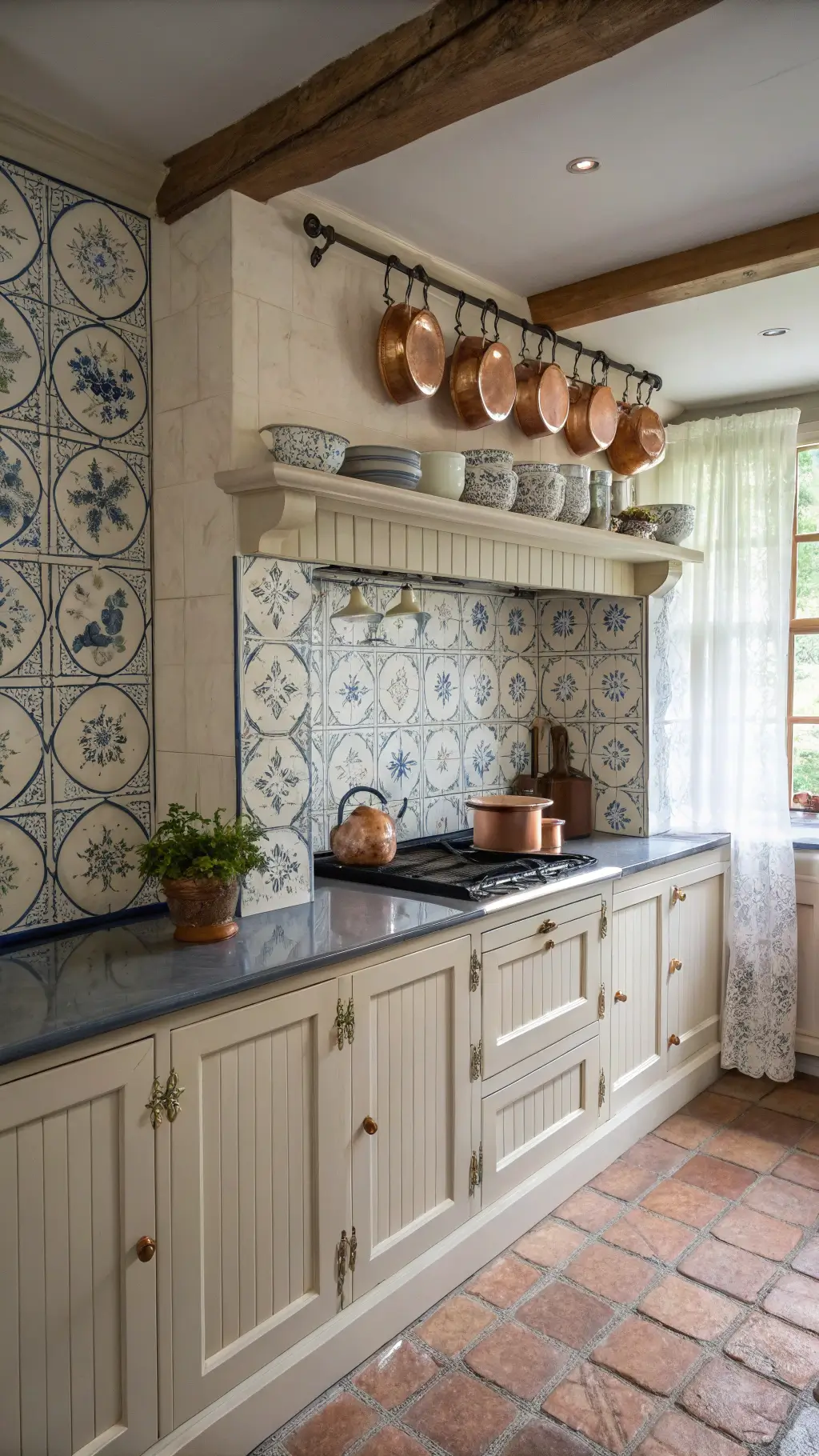 farmhouse kitchen with cream cabinetry, soapstone countertops, blue and white floral terracotta tiles, and copper pots hanging