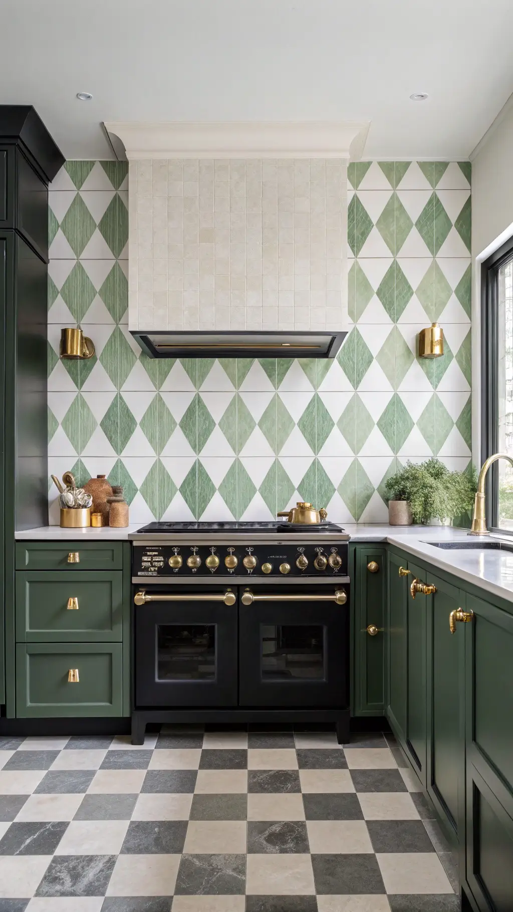 modern kitchen featuring sage green and cream checkerboard tiles, matte black cabinets, and brushed gold hardware