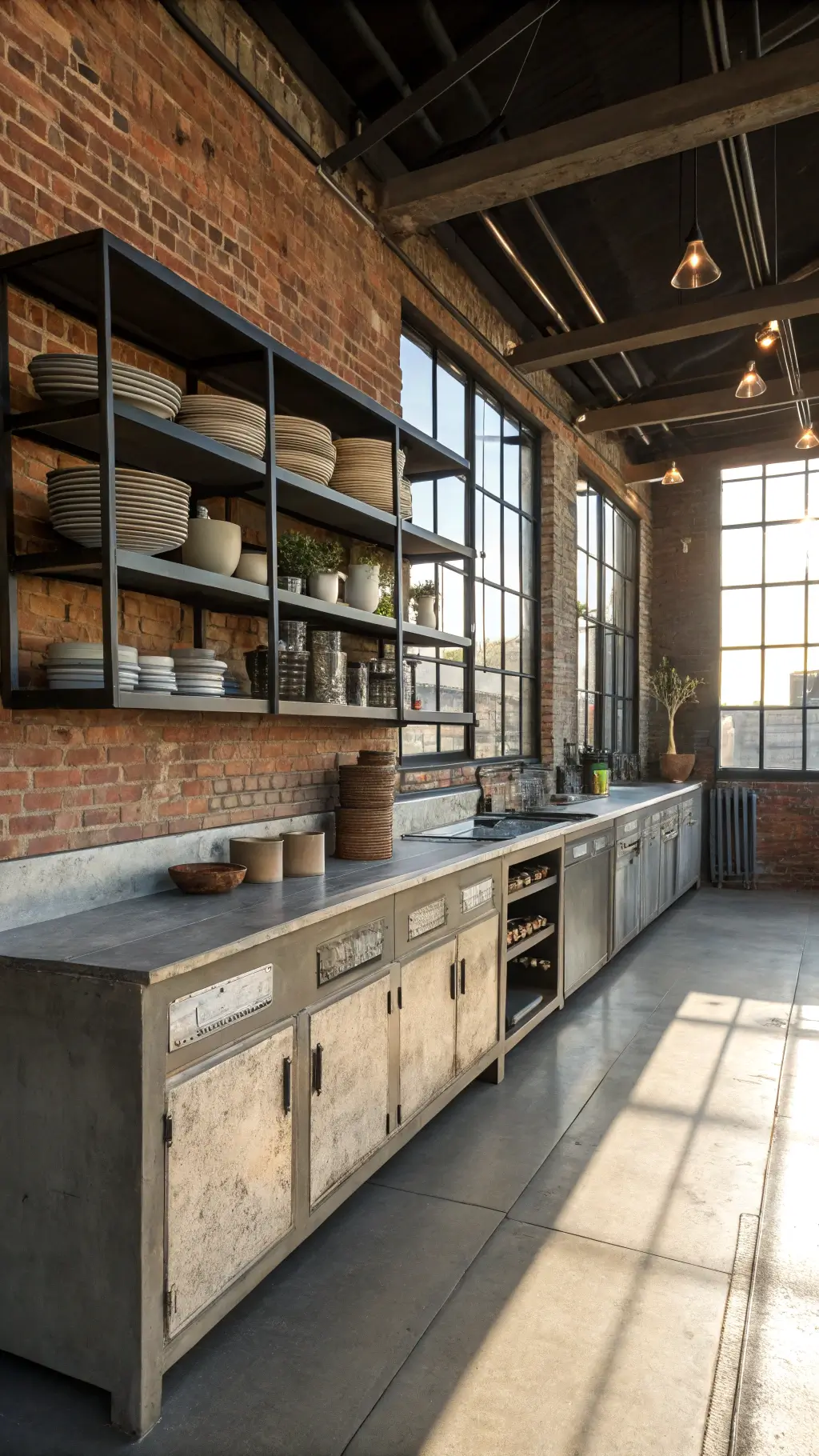 industrial-style kitchen with reclaimed brick backsplash, stainless steel shelves, concrete countertops, and black cabinets