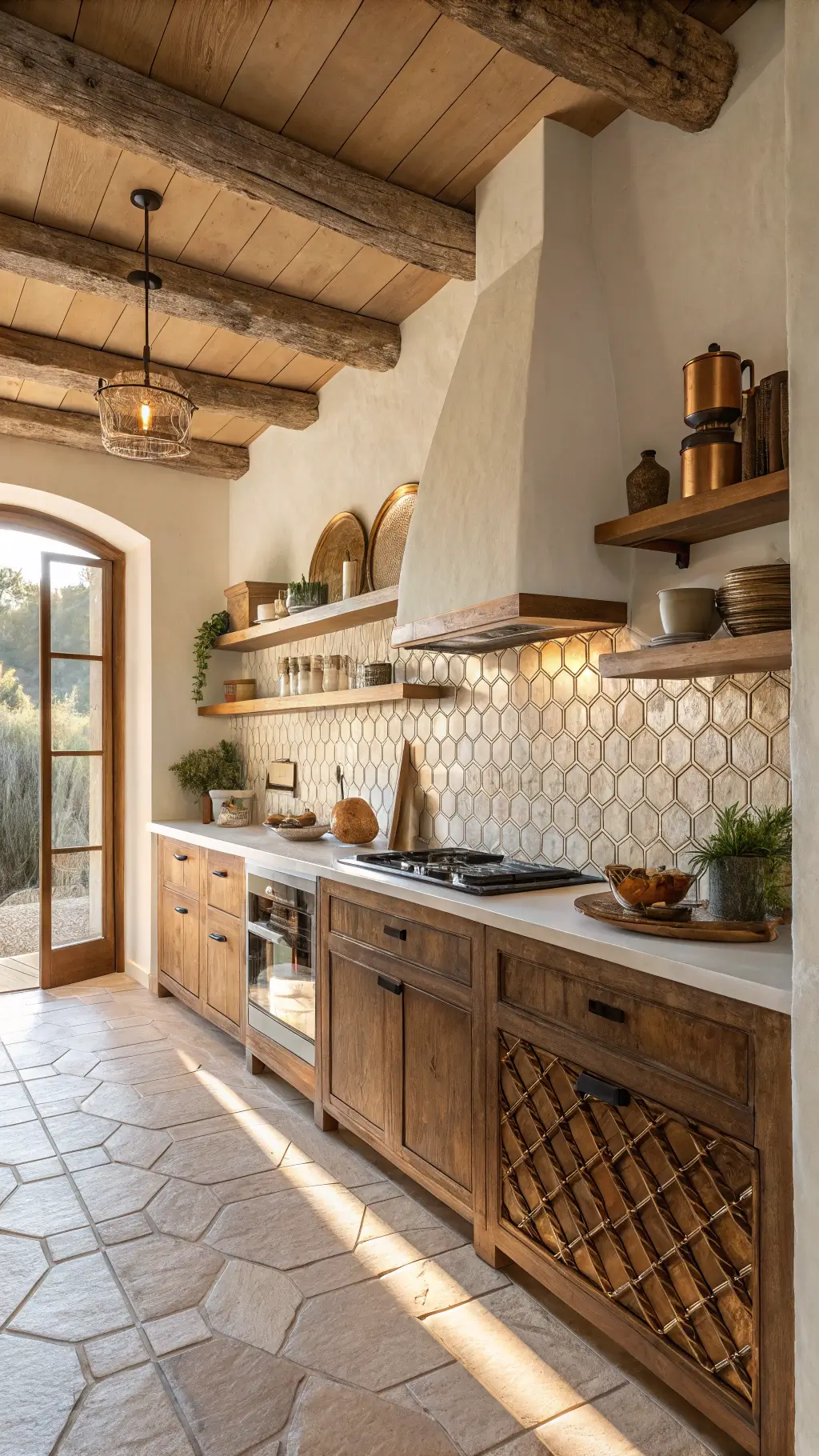 modern Mediterranean kitchen with zellige tile backsplash, copper panels, olive wood shelving, and plaster walls under wooden beams