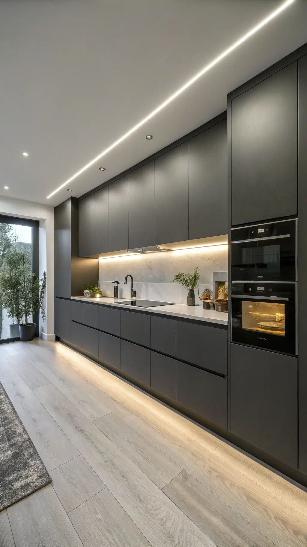 Minimalist charcoal kitchen with handleless cabinets, high-end appliances, and LED underlighting at evening