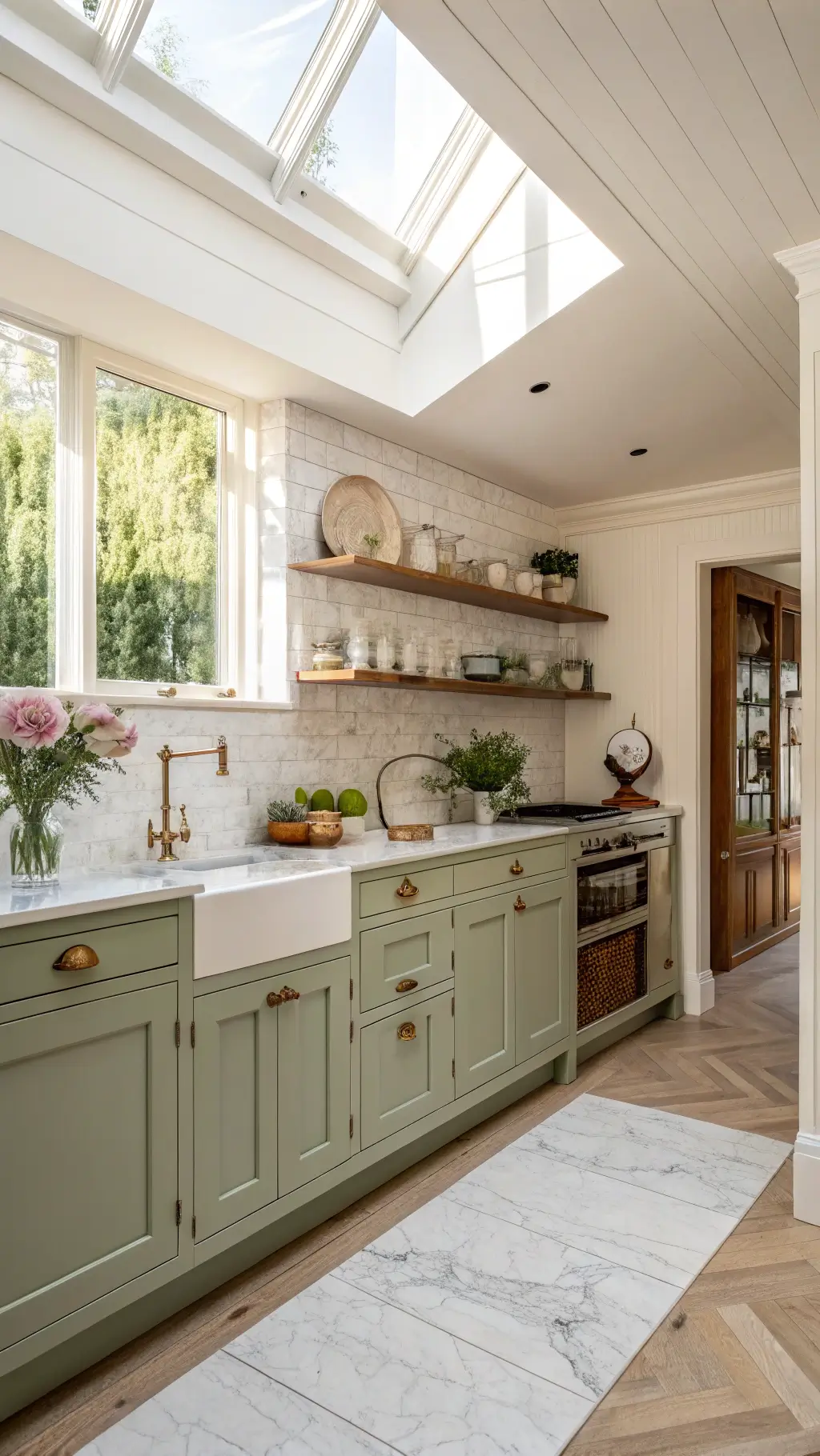 Bright and airy kitchen interior with cream upper cabinets, sage green lower cabinets, oak flooring, marble backsplash, copper cookware, fresh flowers and vintage scale, flooded with mid-morning light from a skylight.