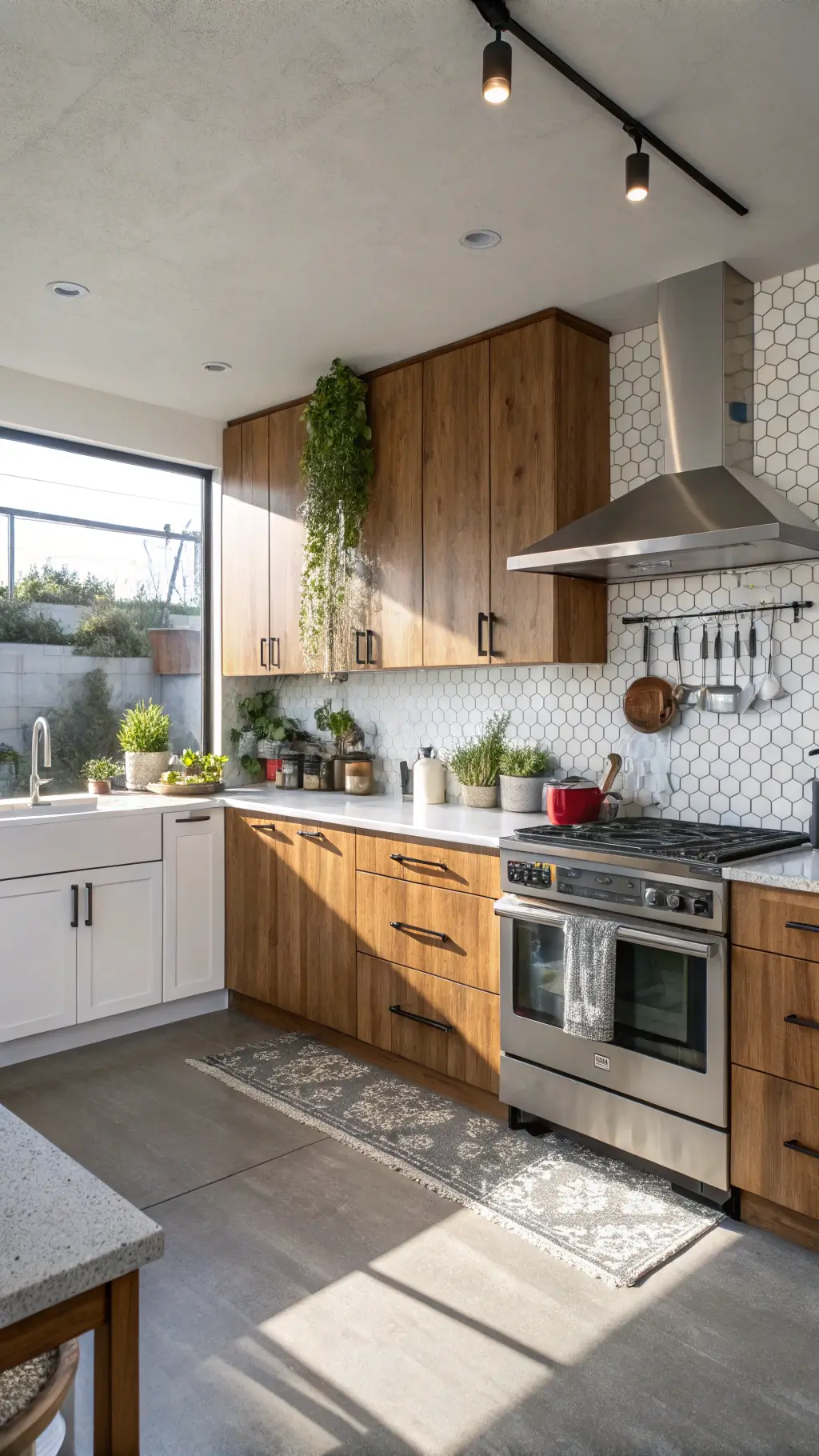 Bright, spacious chef's kitchen with wood-tone lower cabinets, glossy white upper cabinets, professional-grade stainless steel appliances, concrete countertops, geometric tile backsplash, hanging herb garden, and professional cookware, lit by dramatic afternoon shadows.