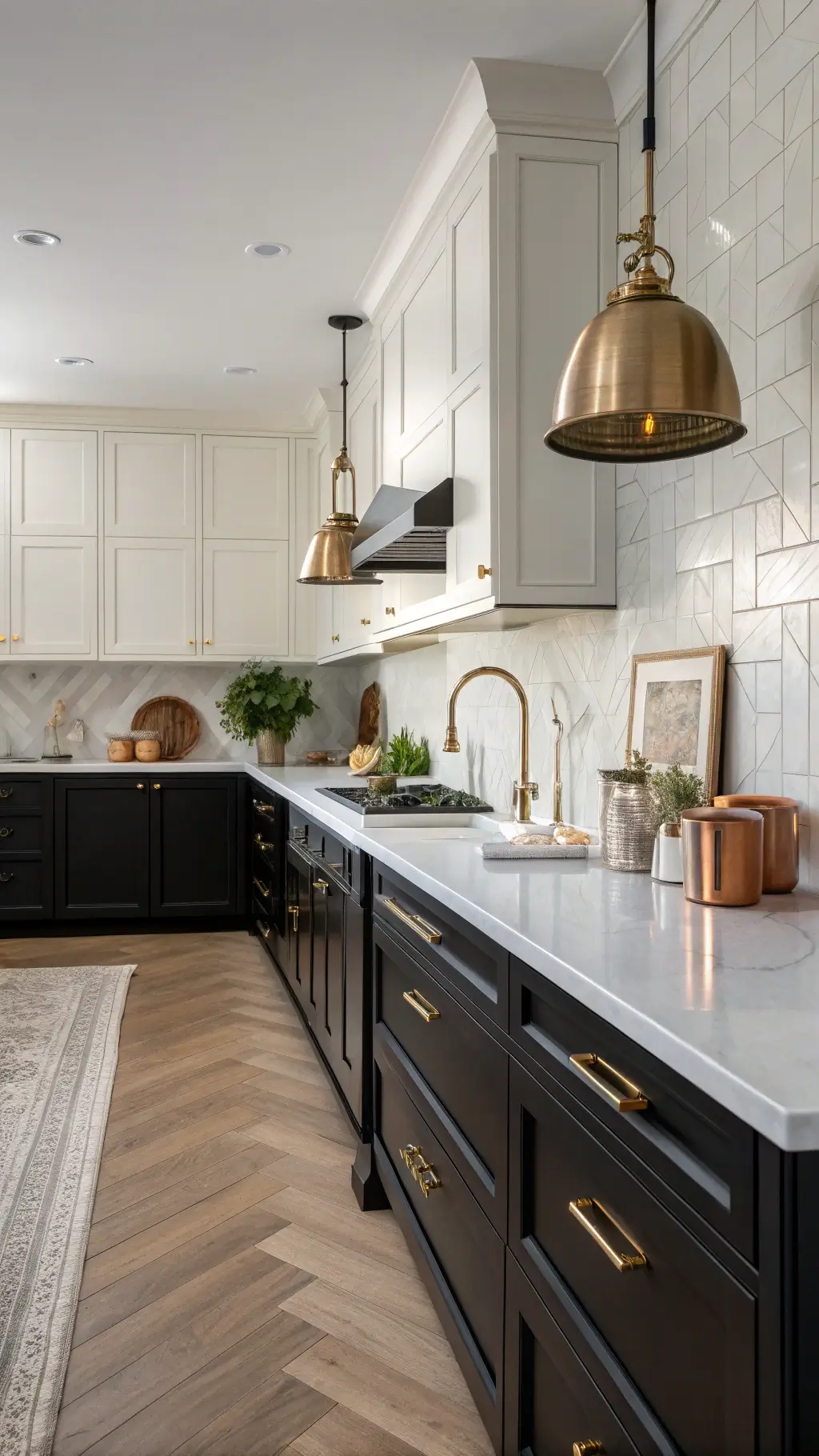Dramatic transitional kitchen with black lower cabinets, cream uppers, brass fixtures, white marble counters, herringbone wood floors, and striking pendant lighting, styled with vintage copper and artisanal pottery.