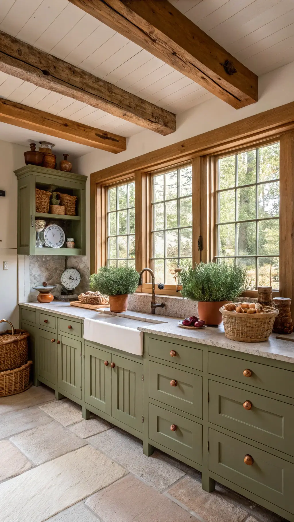 Rustic kitchen with olive green beadboard cabinets, butcher block island, and exposed wooden beams bathed in morning light.