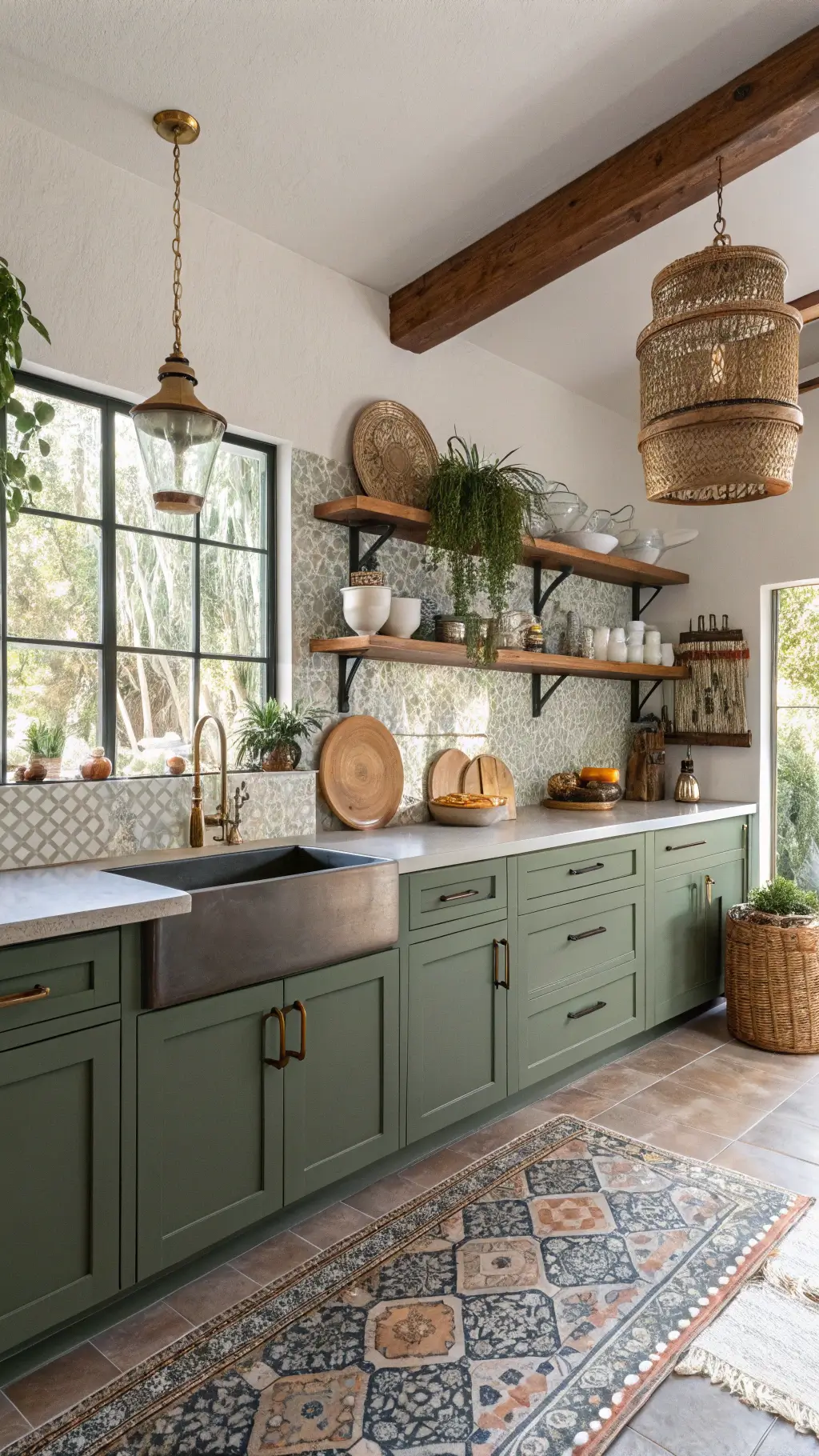 Bohemian kitchen featuring olive green cabinetry, Moroccan tile backsplash, rattan lighting, and global-inspired decor.