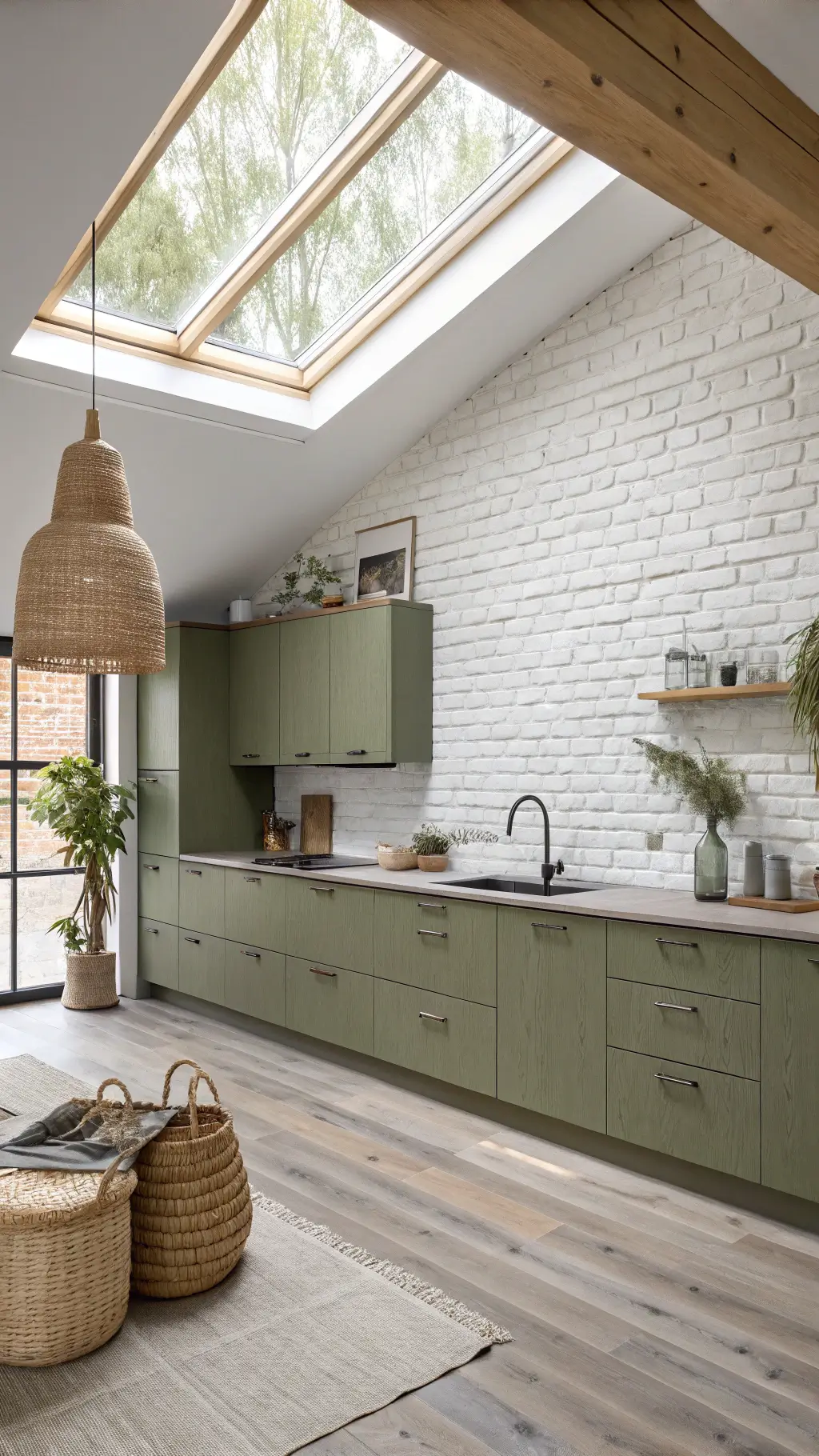 Minimalist kitchen with olive green flat-panel cabinets, pale ash wood accents, white brick wall, skylight, and Scandinavian decor.