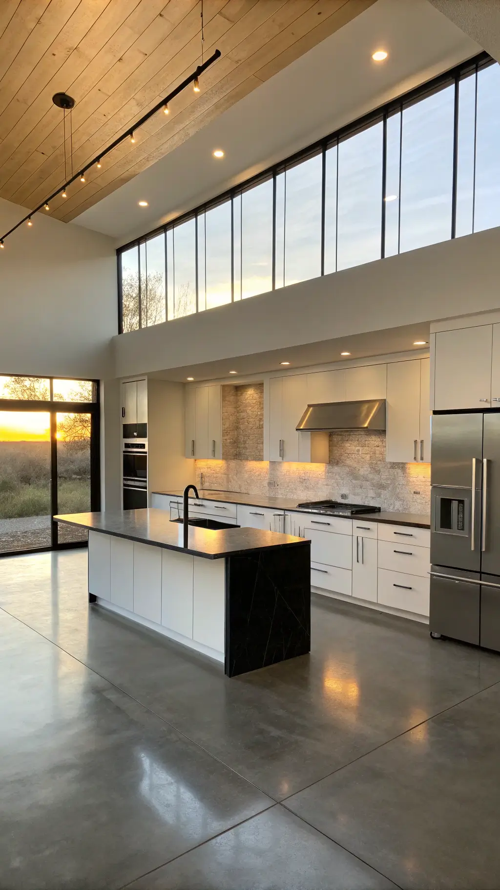 modern minimalist kitchen with white cabinets, black island waterfall countertop, industrial polished concrete floors, and stainless steel appliances, bathed in golden afternoon light through window grid