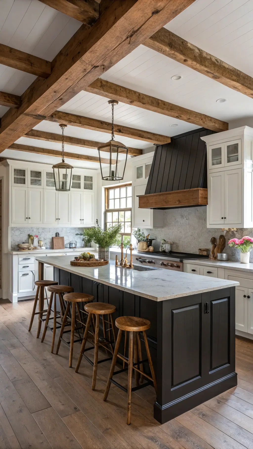 farmhouse chic kitchen with exposed wooden beams, vintage white cabinets, black shiplap backsplash, weathered bar stools, antique copper pots, and fresh flowers creating a warm, lived-in atmosphere.
