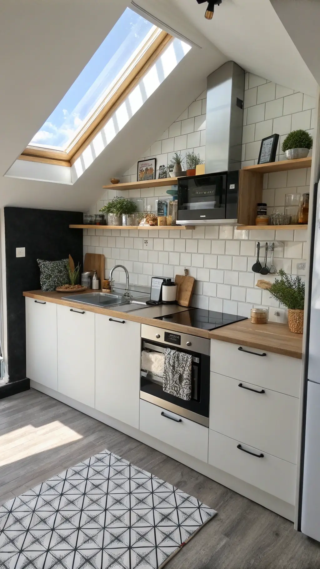 above corner angle view of a compact, contemporary 10x12ft urban kitchen with clever storage solutions, white flat-panel cabinets, black accent wall, floating wooden shelves, mirror backsplash, accented minimalist accessories and geometric patterns, bathed in afternoon light from skylight.