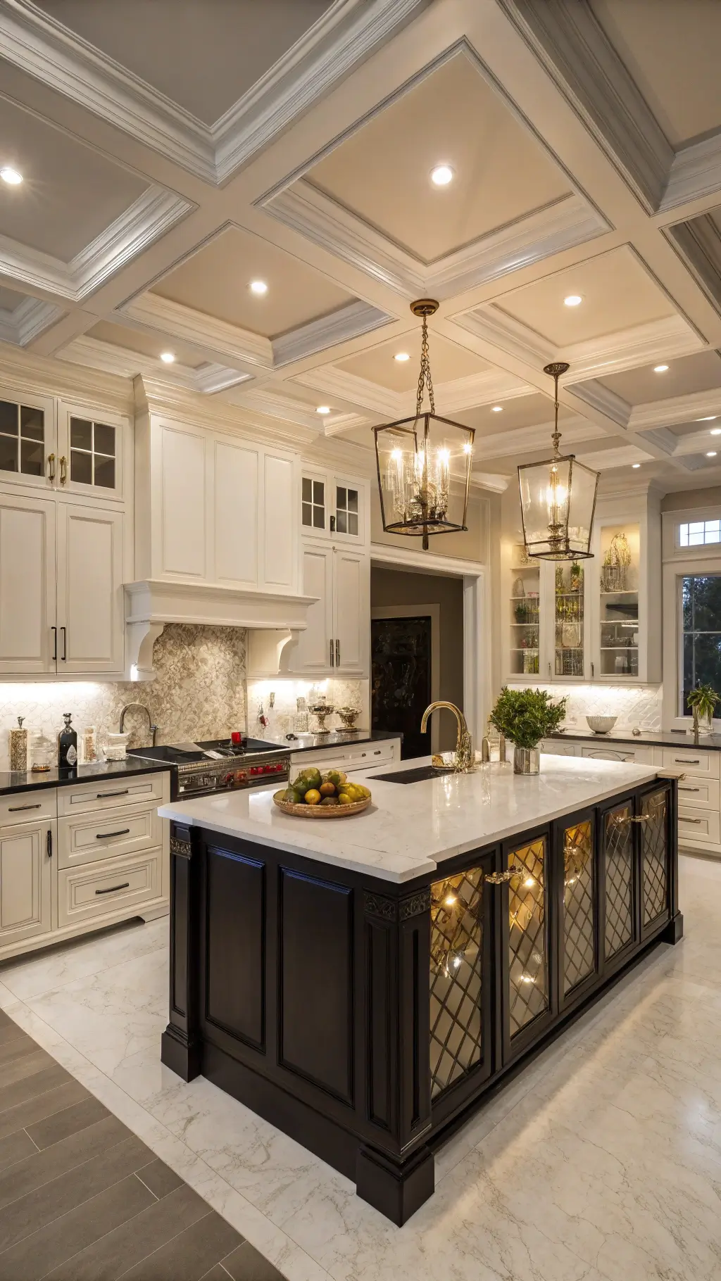 luxe transitional kitchen with two-tone cabinet arrangement, champagne bronze hardware, and calacatta marble backsplash illuminated by ambient lighting accentuated crystal decanters, fresh orchids, metallic accents.