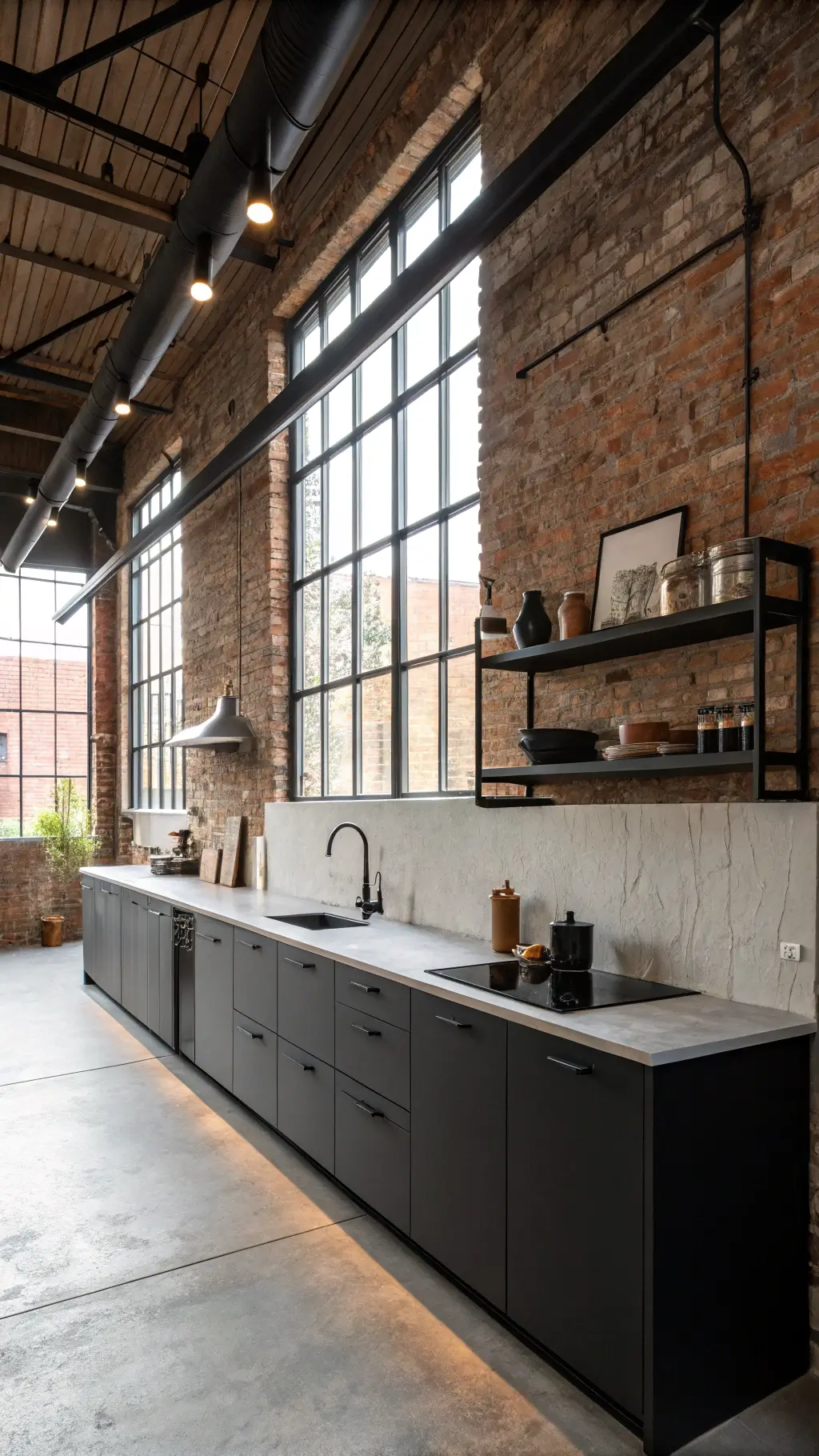 modern industrial kitchen with contrasting black and white cabinets, concrete countertops, blackened steel open shelving, exposed brick wall, professional cookware, stylish lighting fixtures under moody afternoon light.