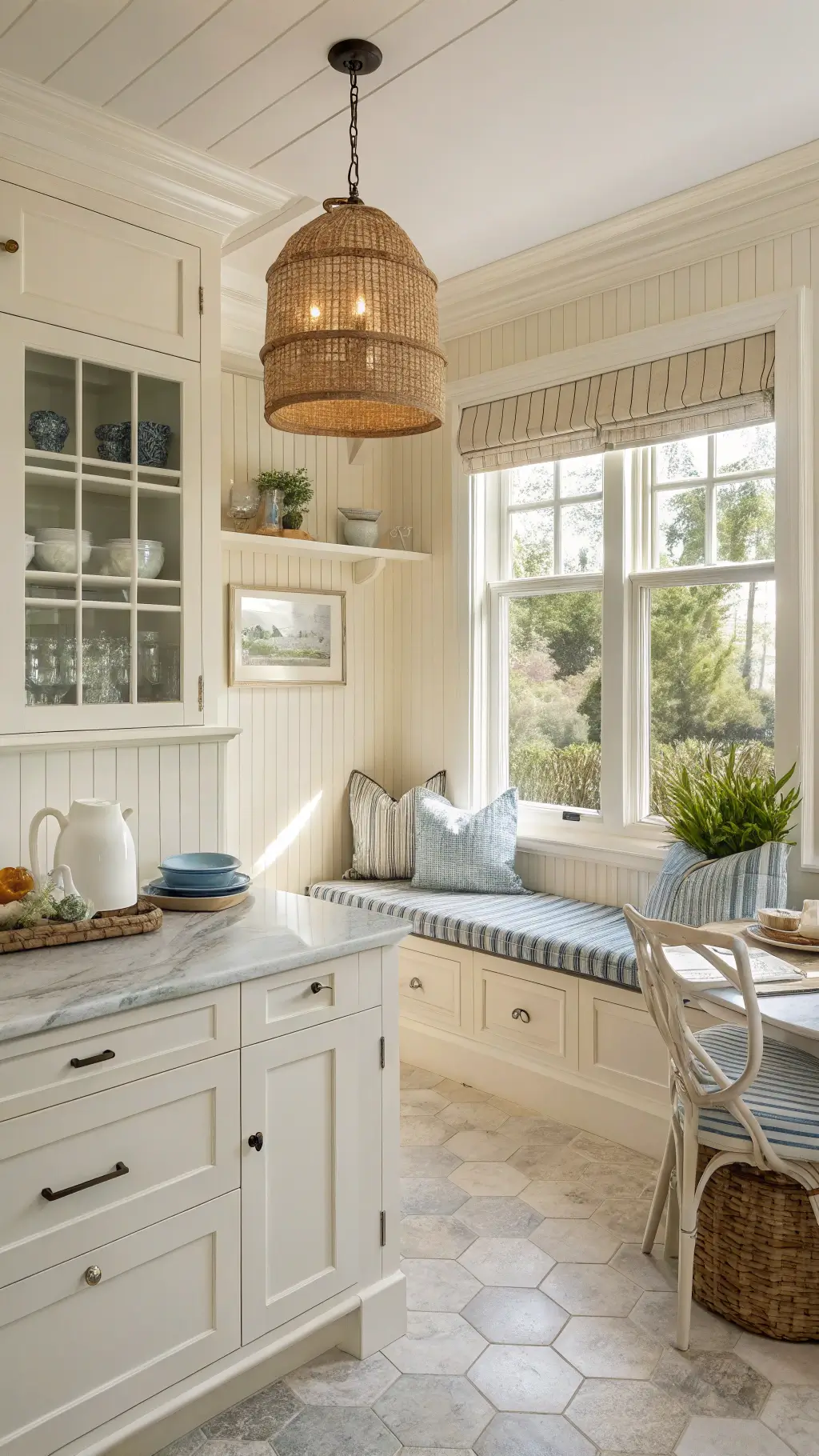 Coastal kitchen nook with cream beadboard cabinets, Carrara marble countertops, hexagonal tile flooring, rattan pendant lighting, and a window seat adorned with blue-striped cushions and sea grass runner. Decor includes white pitchers and blue glassware.