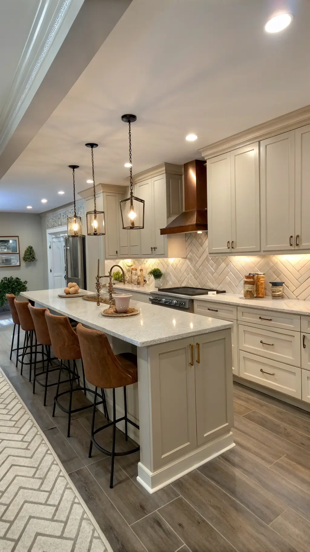 Transitional galley kitchen with cream cabinets, quartz waterfall island, leather bar stools, and gray herringbone tile backsplash. Copper mugs and marble accessories add warmth under soft lighting.