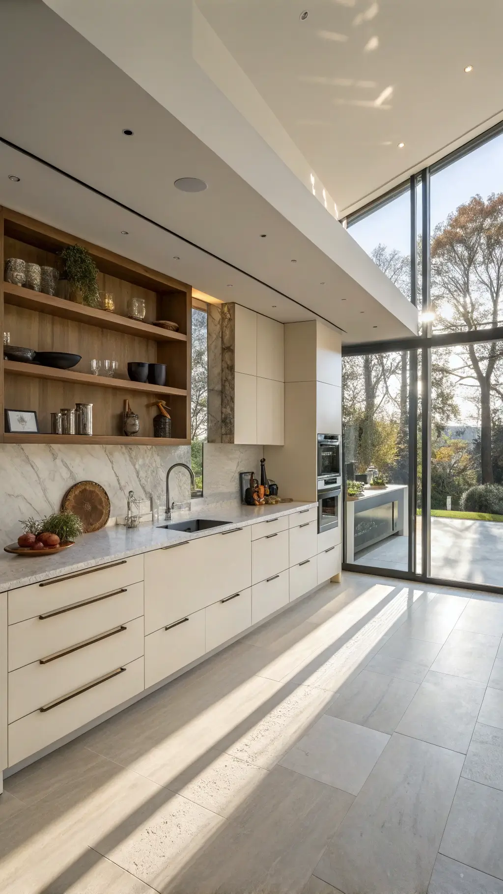 Modern open-plan kitchen with cream handleless cabinets, quartzite waterfall countertops, smoked glass backsplash, and floor-to-ceiling windows. Black accessories and minimalist décor on floating shelves complete the look.