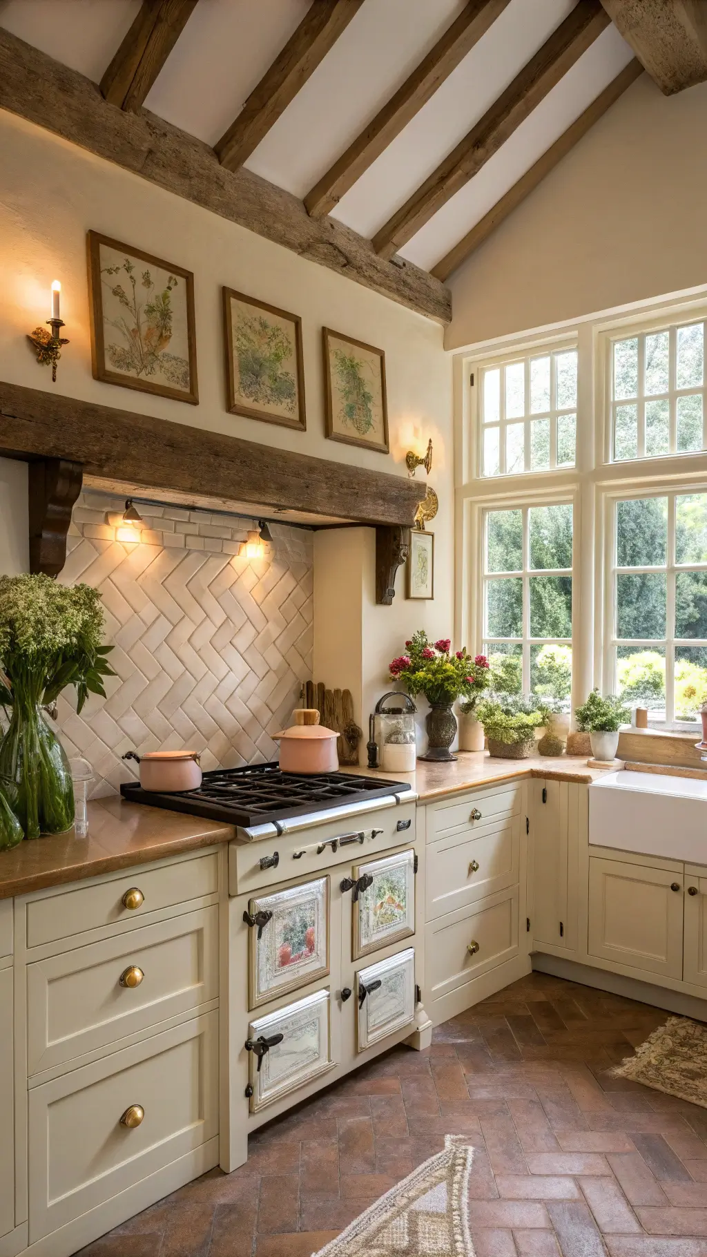 Cozy English cottage kitchen with beamed ceiling, cream inset cabinets, soapstone countertops, and brick herringbone backsplash. Natural light filters through garden windows, highlighting copper kettles and fresh flowers.