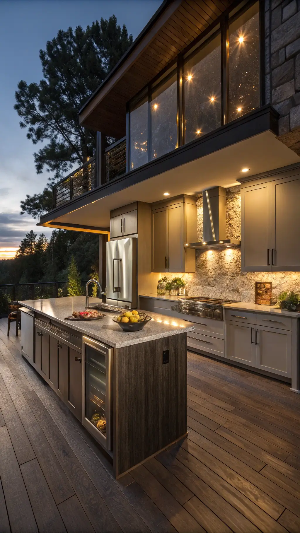 dramatic dusk shot of a modern-industrial L-shaped kitchen with aluminum cabinets, under-cabinet lighting, dark wood floors, granite waterfall island, geometric decor, and metallic fruit bowl