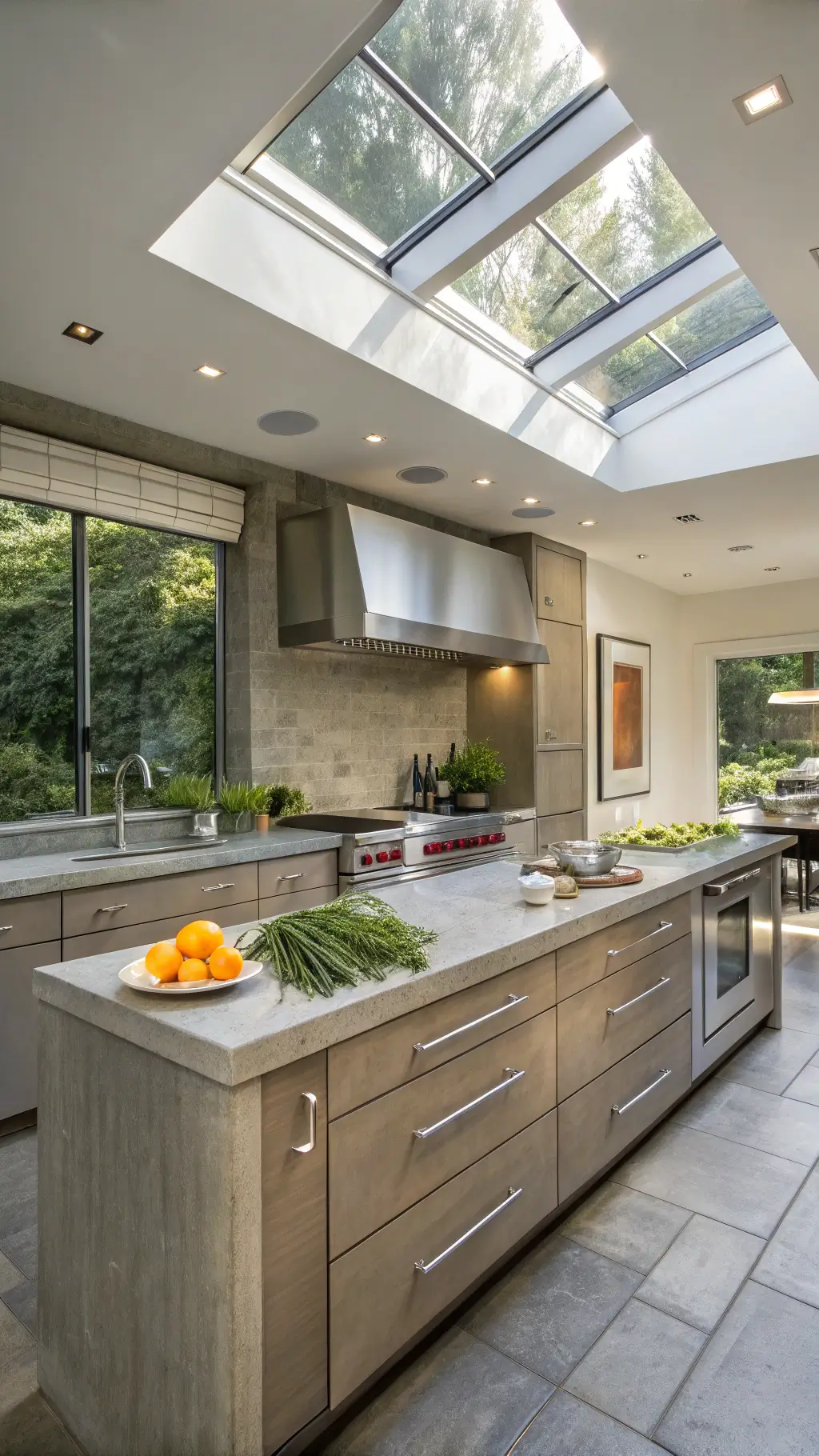 morning sunlight streaming over aluminum upper cabinets in a spacious chef’s kitchen with concrete countertops and fresh produce on the island, viewed from above
