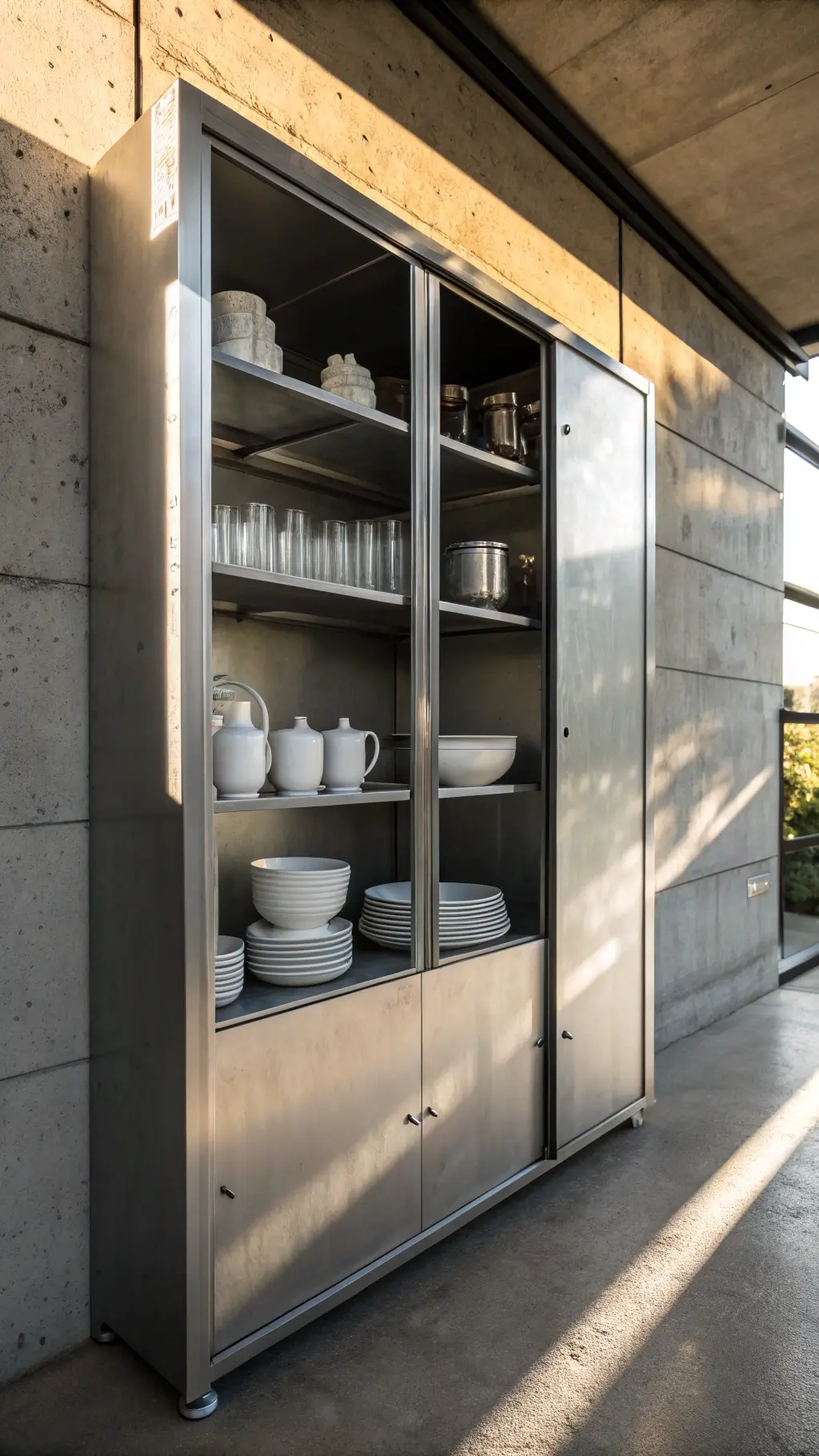 detailed shot of aluminum cabinet intersecting with open shelves, featuring white ceramics and glassware, illuminated by late afternoon light casting shadows on textured concrete wall, taken with telephoto lens