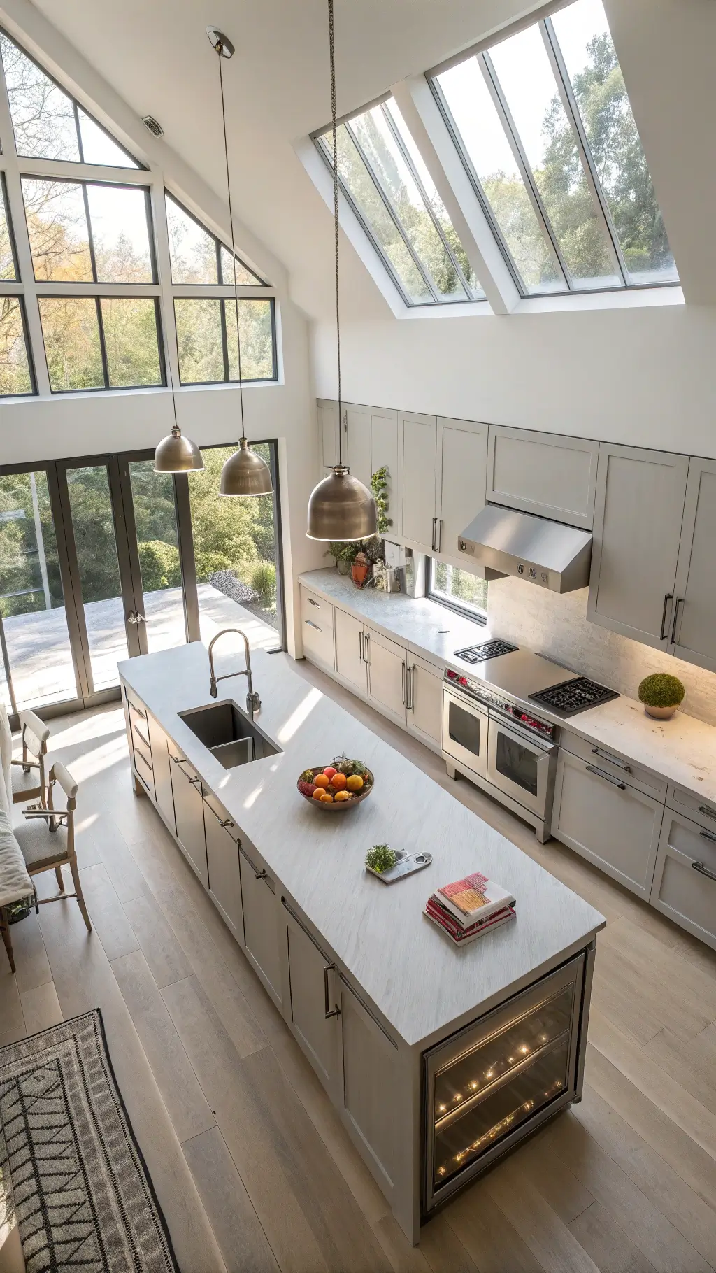 overhead view of a modern kitchen with aluminum cabinets, white oak flooring, matching pendant lights, sculptural fruit bowl, and cookbook on island, illuminated by morning light from clerestory windows