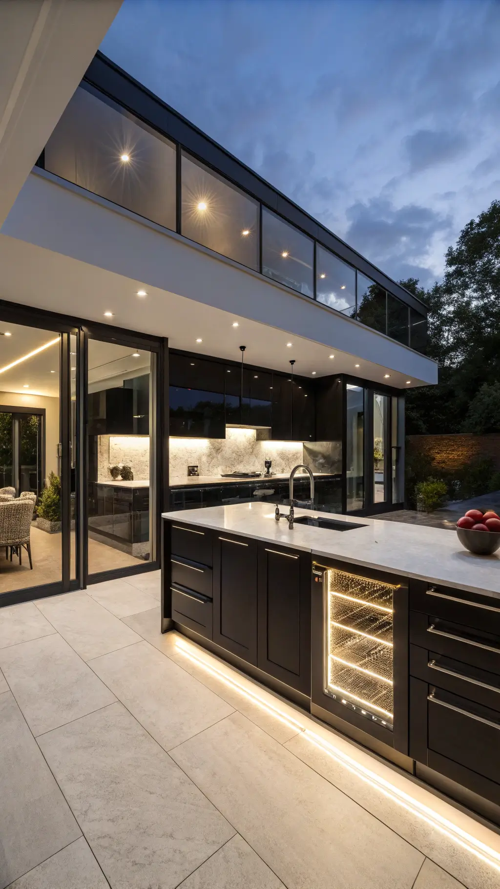 modern kitchen with black glossy cabinets, white quartzite island, bronze backsplash, and dramatic lighting at dusk
