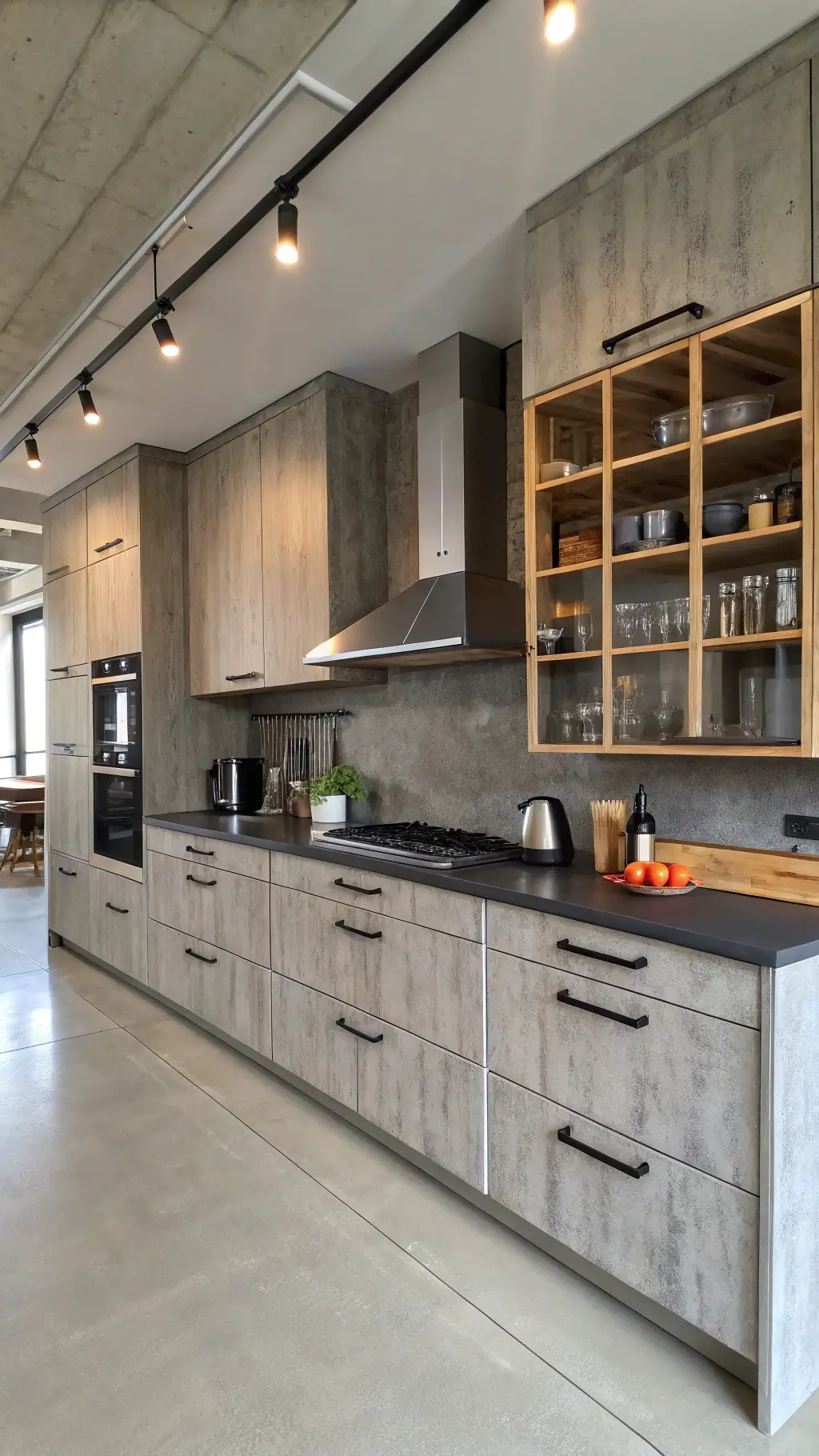 industrial-modern kitchen with concrete gray cabinets, smoky glass doors, stainless steel appliances, raw wood shelves, and metal pendant lighting