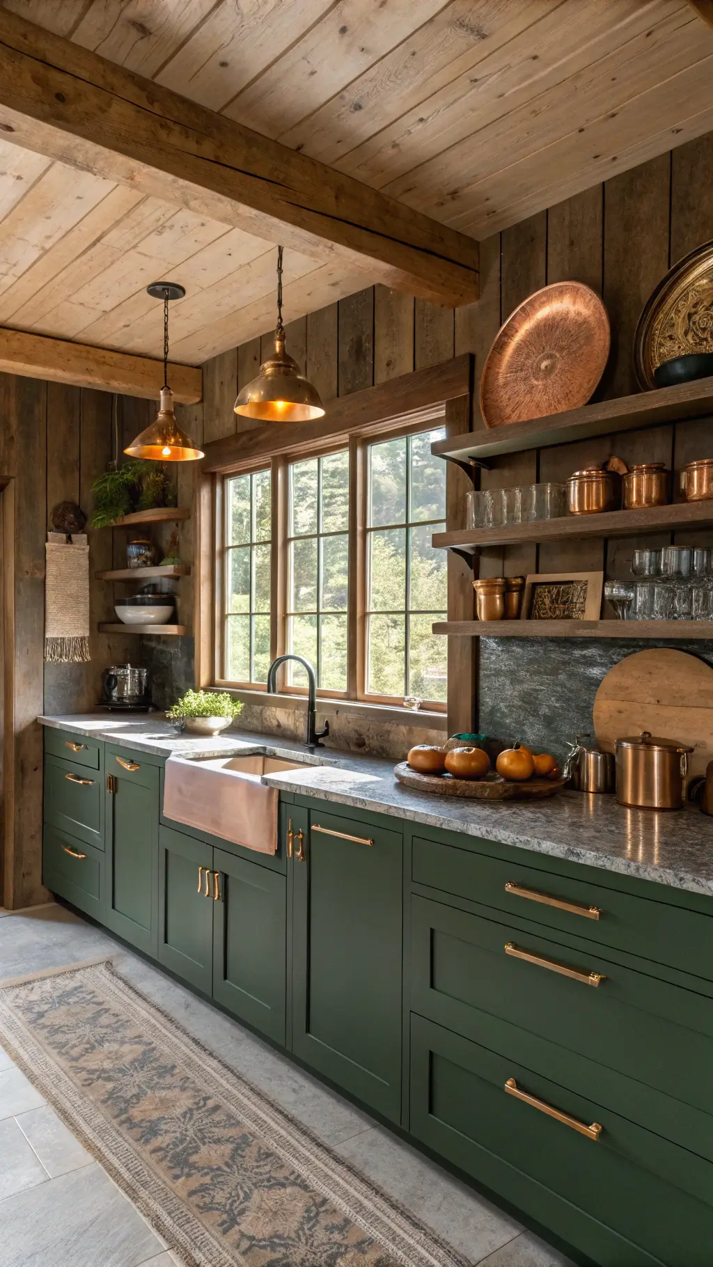 modern rustic kitchen illuminated by afternoon sun, featuring deep green flat-panel cabinets with brass handles, reclaimed wood shelves, granite countertops, vintage copper cookware, and pendant lighting
